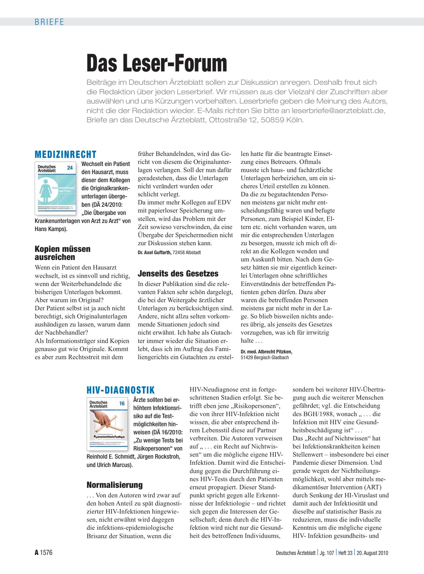 Vorschauseite 1: HIV-Diagnostik: Normalisierung – Deutsches Ärzteblatt