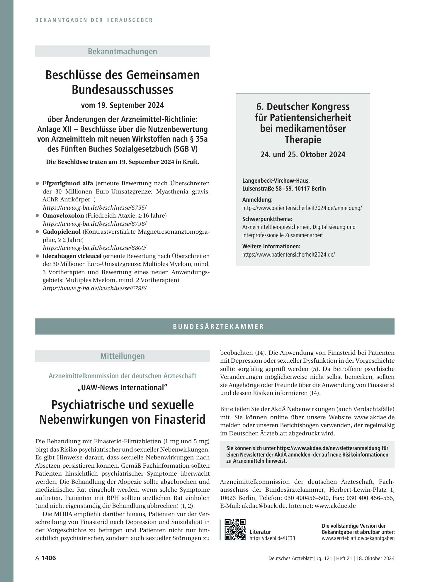 Vorschauseite 1: Beschlüsse des Gemeinsamen Bundesausschusses vom 19. September 2024 über Änderungen der Arzneimittel-Richtlinie: Anlage XII – Beschlüsse über die Nutzenbewertung von Arzneimitteln…