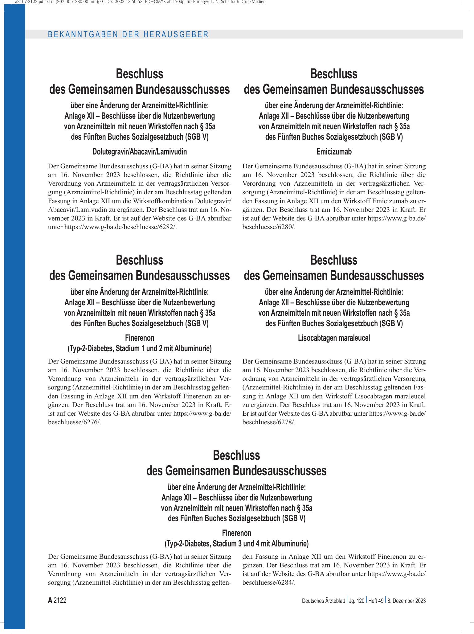 Vorschauseite 1: Beschluss des Gemeinsamen Bundesausschusses über eine Änderung der Arzneimittel-Richtlinie: Finerenon (Typ-2-Diabetes, Stadium 1 und 2 mit Albuminurie) – Deutsches Ärzteblatt