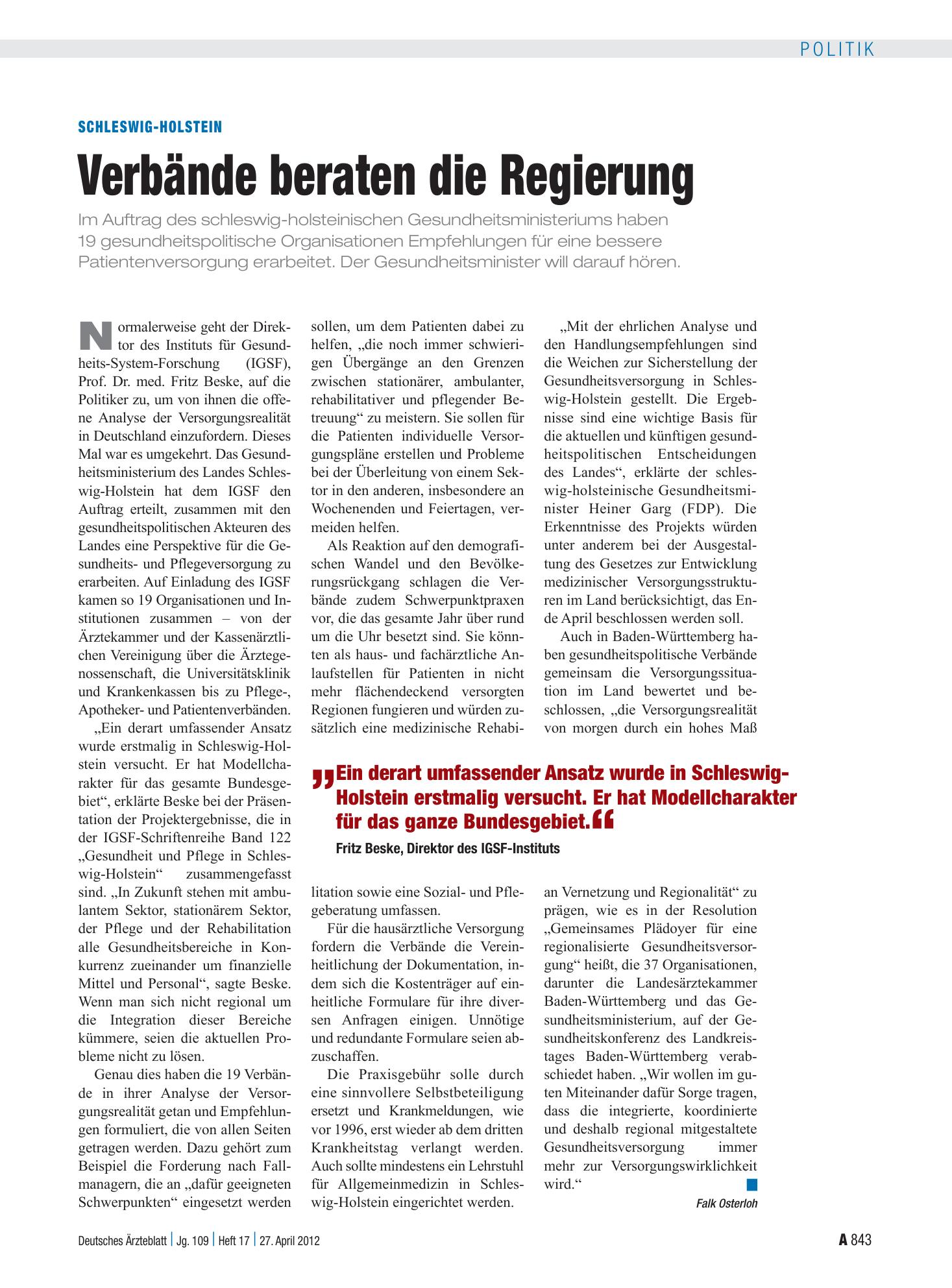 Vorschauseite 1: Schleswig-Holstein: Verbände beraten die Regierung – Deutsches Ärzteblatt
