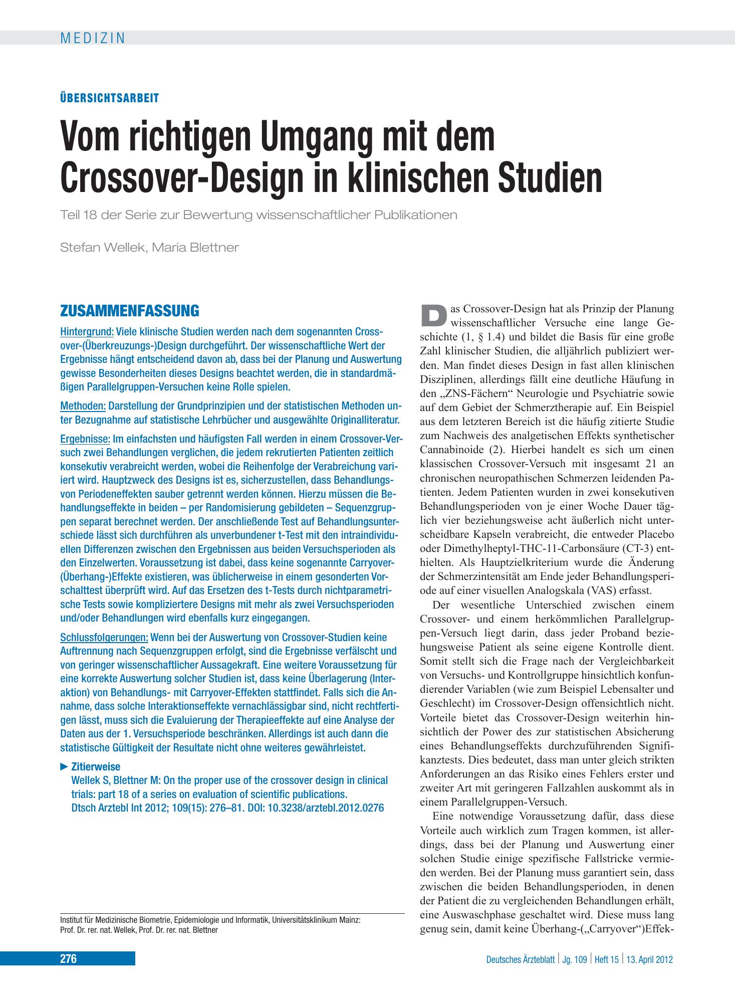Vorschauseite 1: Vom richtigen Umgang mit dem Crossover-Design in klinischen Studien – Deutsches Ärzteblatt