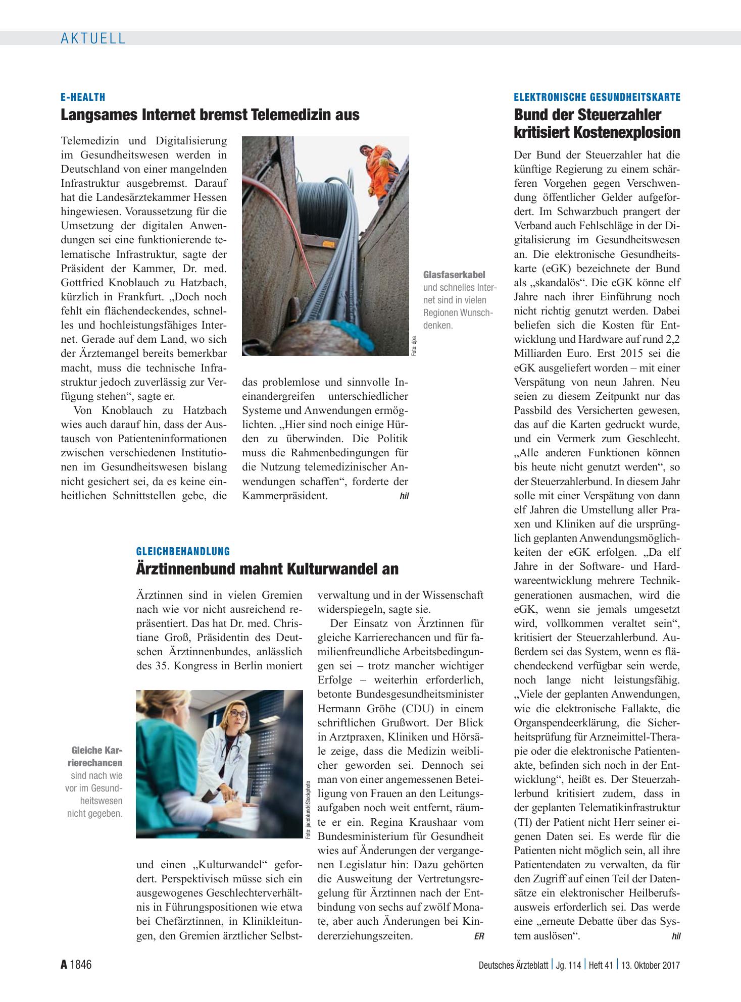 Vorschauseite 1: E-Health: Langsames Internet bremst Telemedizin aus – Deutsches Ärzteblatt