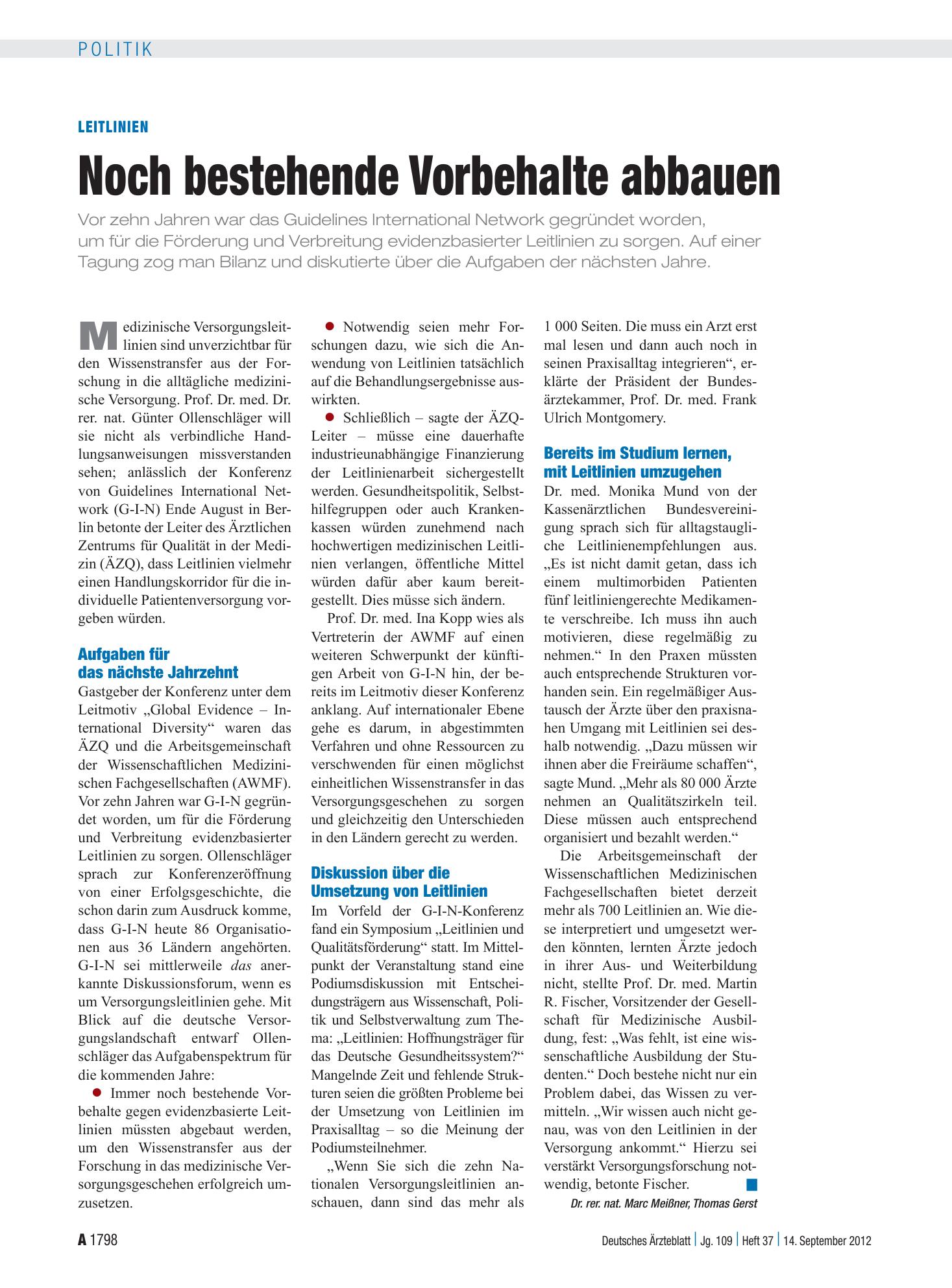 Vorschauseite 1: Leitlinien: Noch bestehende Vorbehalte abbauen – Deutsches Ärzteblatt
