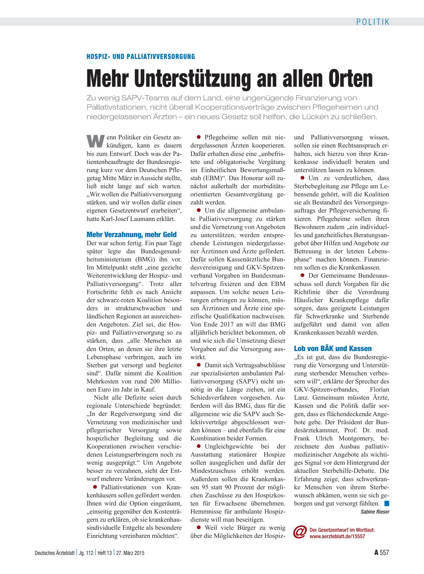 Vorschauseite 1: Hospiz- und Palliativversorgung: Mehr Unterstützung an allen Orten – Deutsches Ärzteblatt