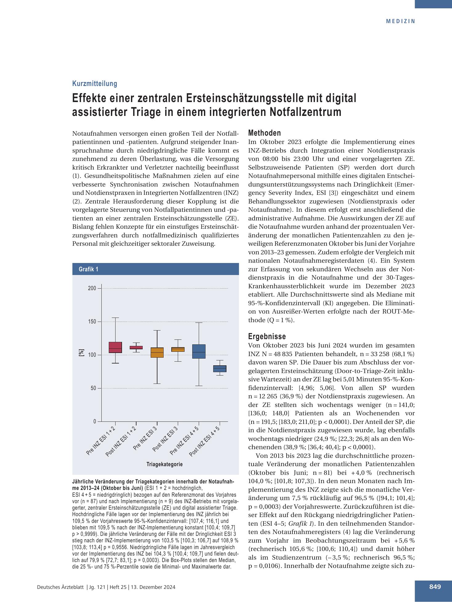 Vorschauseite 1: Effekte einer zentralen Ersteinschätzungsstelle mit digital assistierter Triage in einem integrierten Notfallzentrum – Deutsches Ärzteblatt