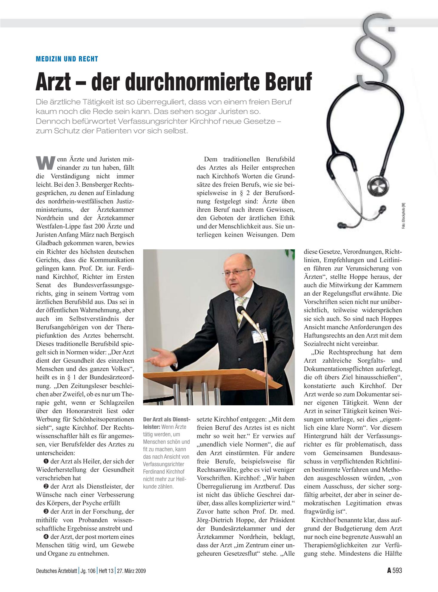 Vorschauseite 1: Medizin und Recht: Arzt – der durchnormierte Beruf – Deutsches Ärzteblatt