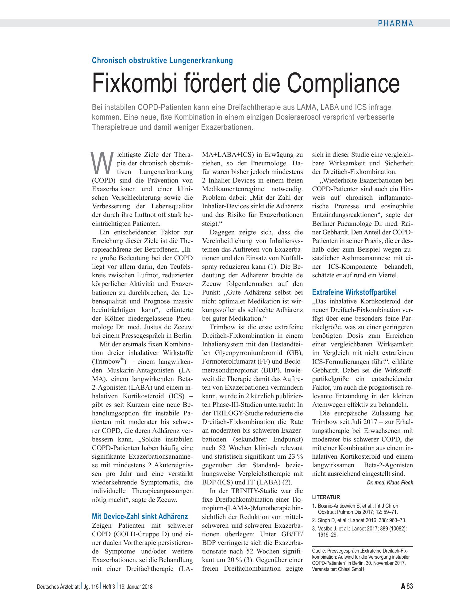 Vorschauseite 1: Chronisch obstruktive Lungenerkrankung: Fixkombi fördert die Compliance – Deutsches Ärzteblatt