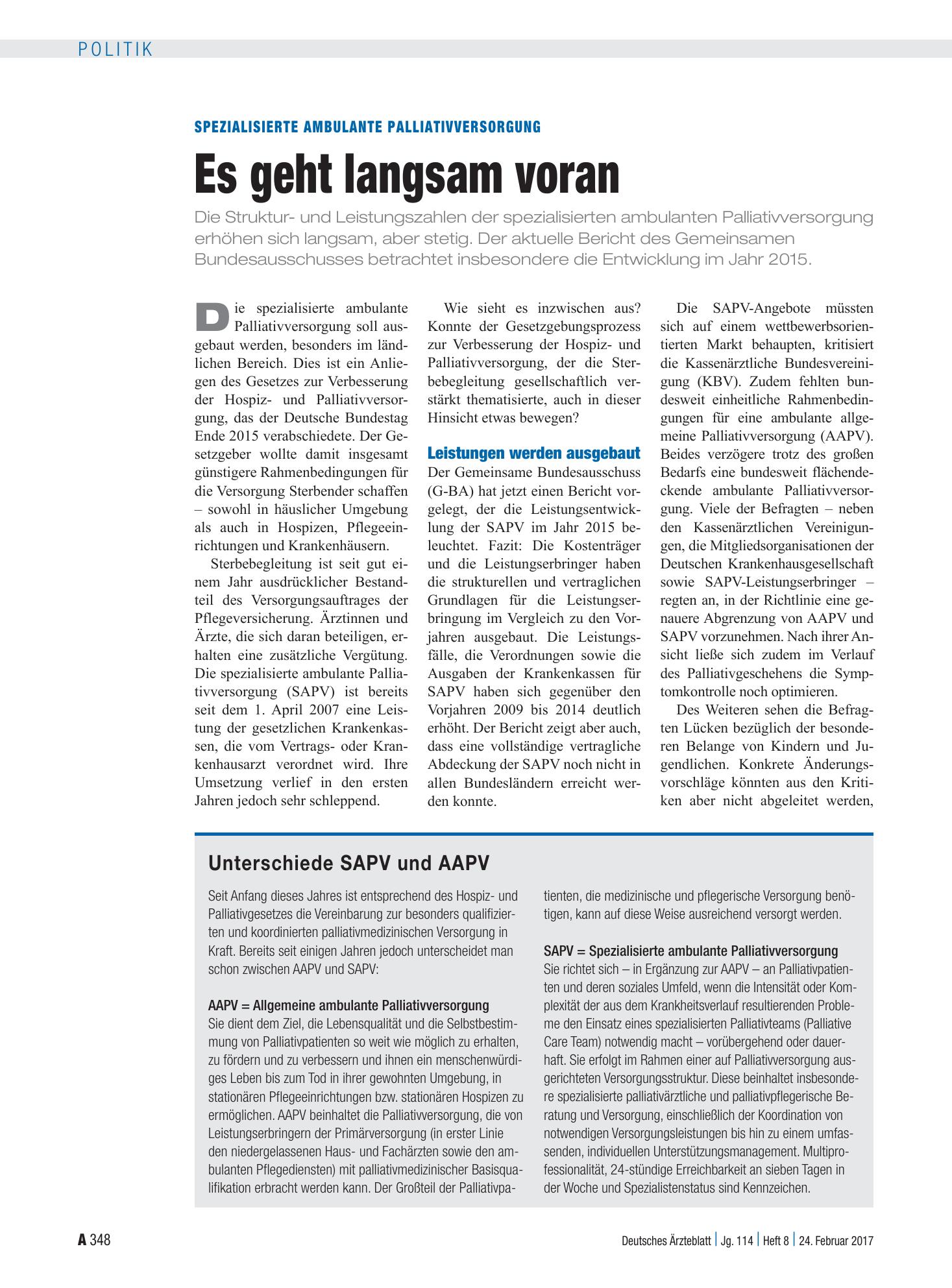 Vorschauseite 1: Spezialisierte Ambulante Palliativversorgung: Es geht langsam voran – Deutsches Ärzteblatt
