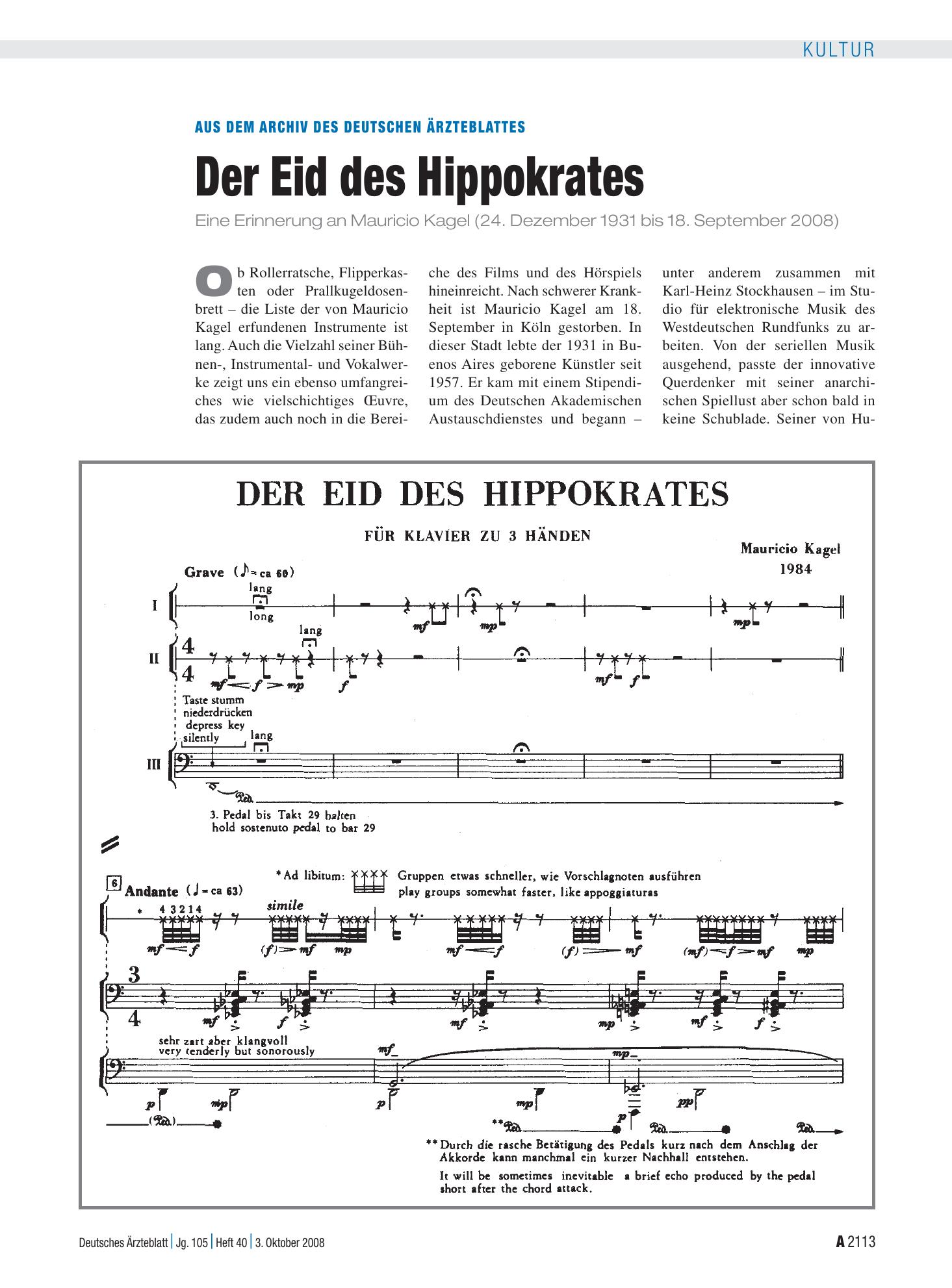 Vorschauseite 1: Aus dem Archiv des Deutschen Ärzteblattes: Der Eid des Hippokrates – Deutsches Ärzteblatt