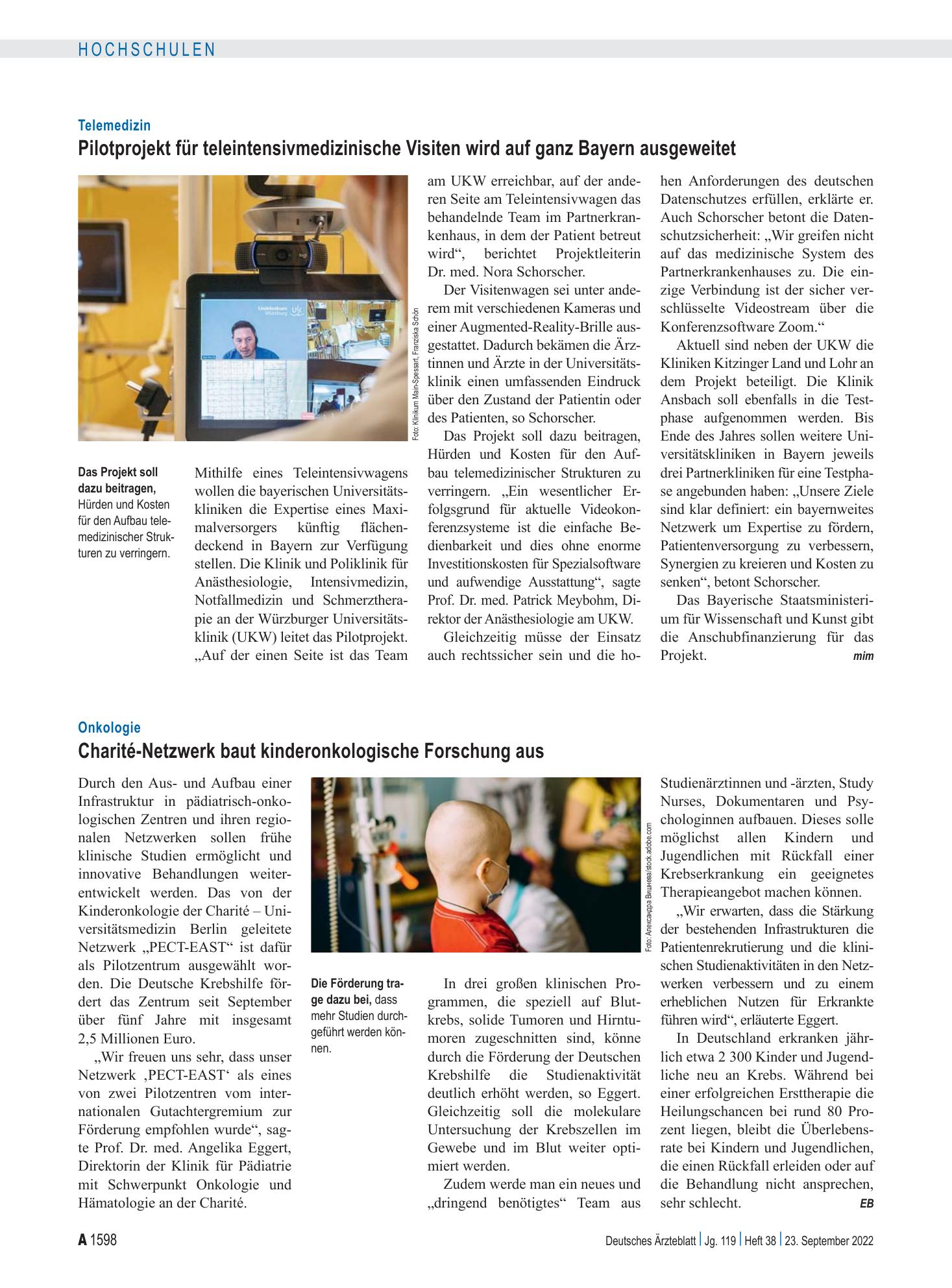 Vorschauseite 1: Onkologie: Charité-Netzwerk baut kinderonkologische Forschung aus – Deutsches Ärzteblatt