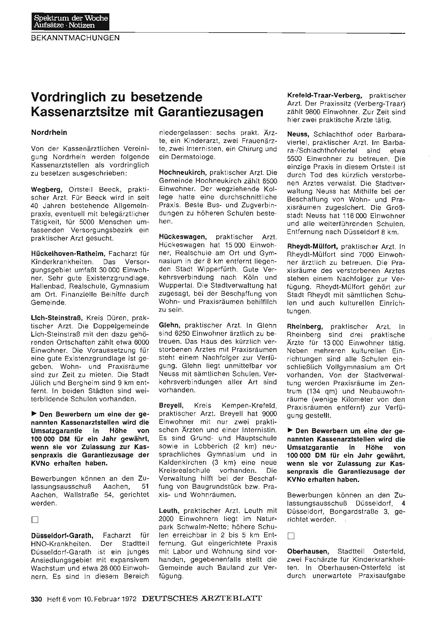 Vorschauseite 1: Vordringlich zu besetzende Kassenarztsitze mit Garantiezusagen