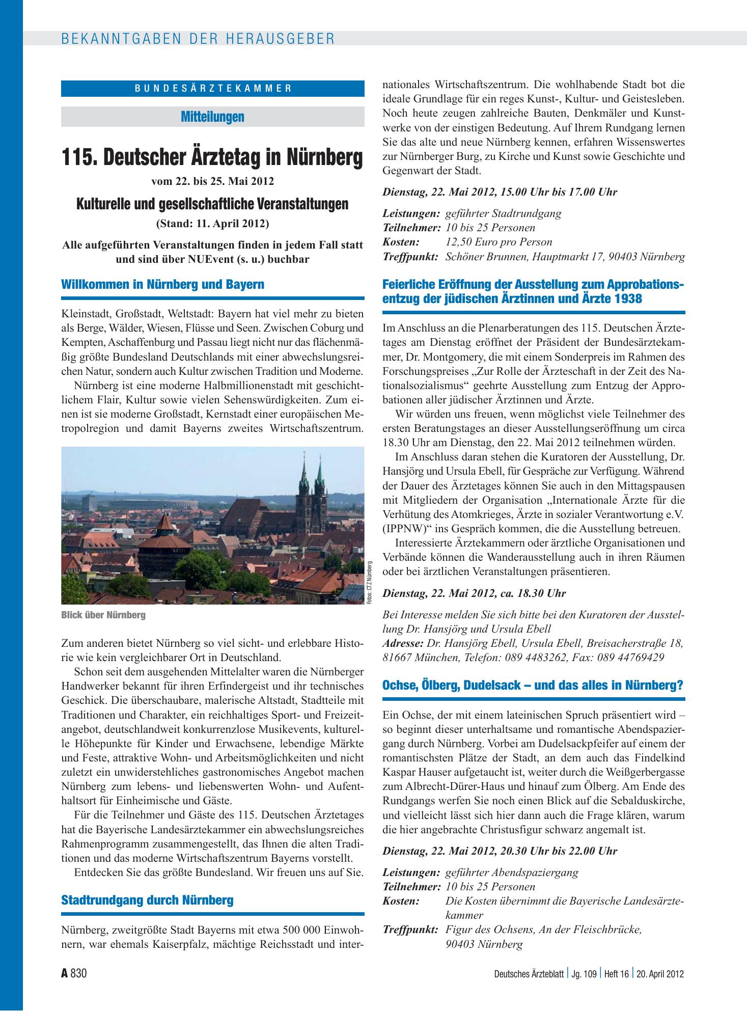 Vorschauseite 1: 115. Deutscher Ärztetag in Nürnberg: Kulturelle und gesellschaftliche Veranstaltungen – Deutsches Ärzteblatt