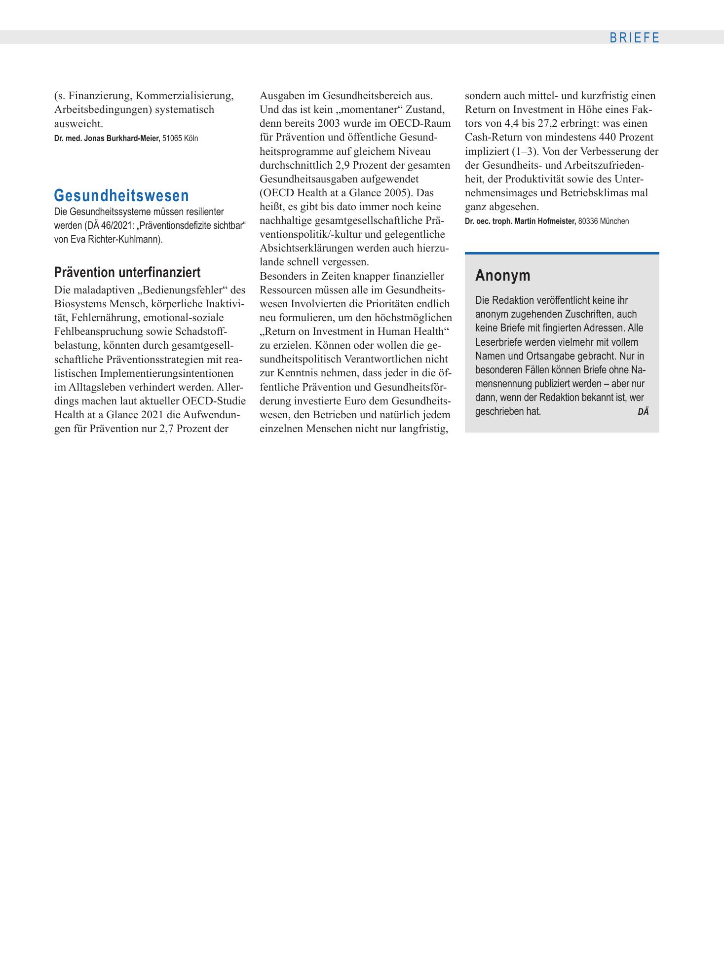 Vorschauseite 1: Gesundheitswesen: Prävention unterfinanziert – Deutsches Ärzteblatt