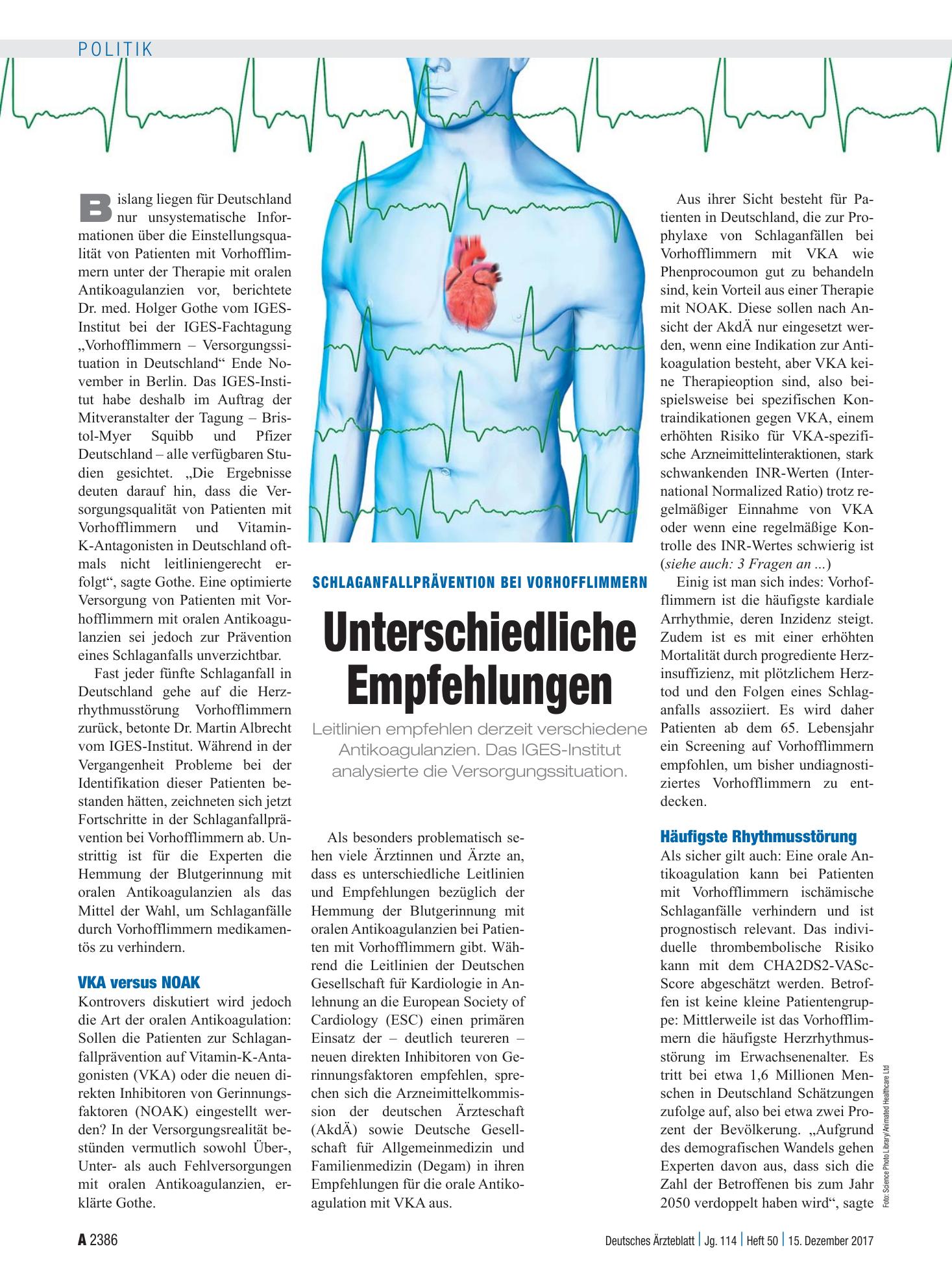 Vorschauseite 1: Schlaganfallprävention bei Vorhofflimmern: Unterschiedliche Empfehlungen – Deutsches Ärzteblatt