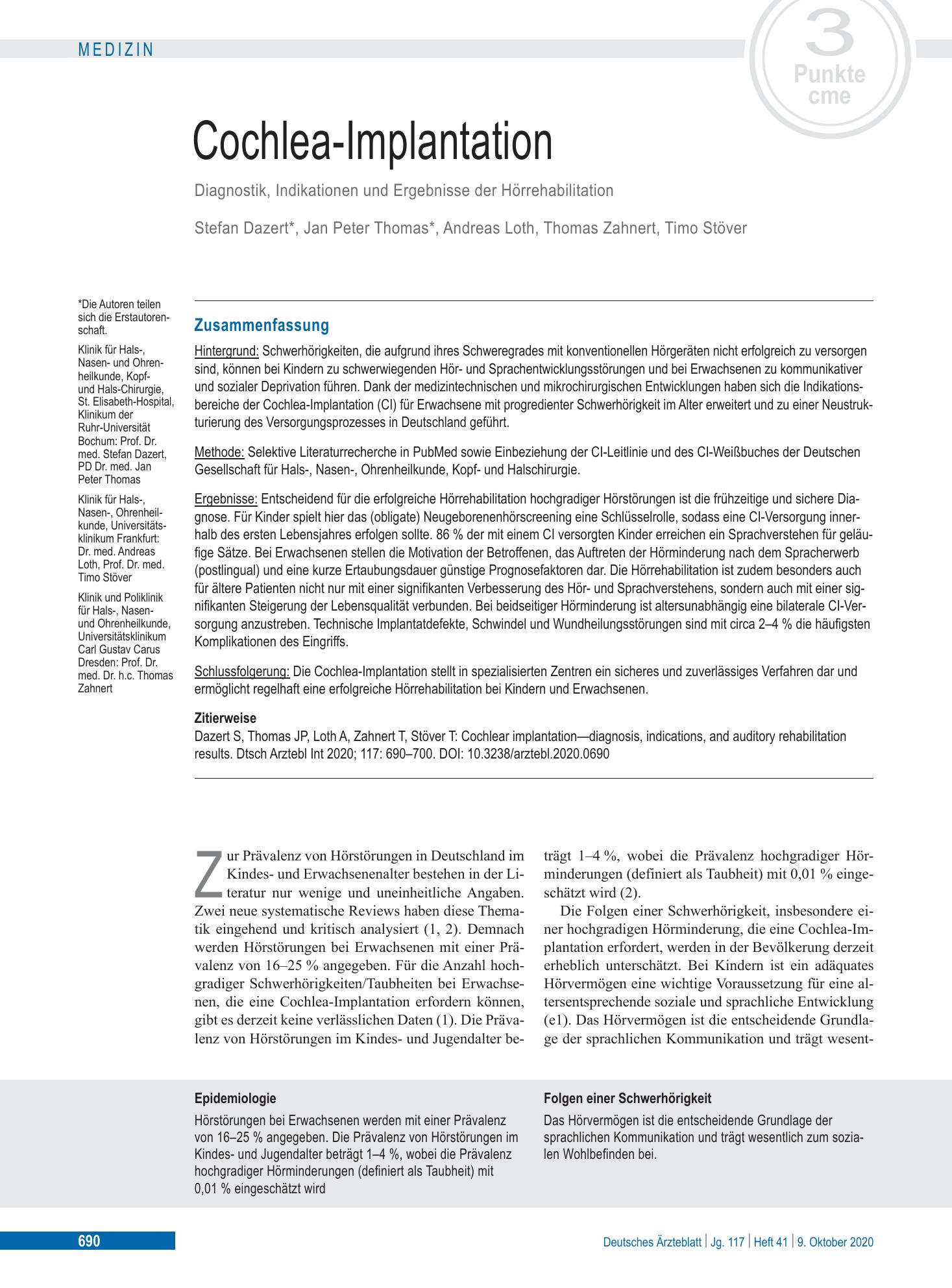 Vorschauseite 1: Cochlea-Implantation – Deutsches Ärzteblatt