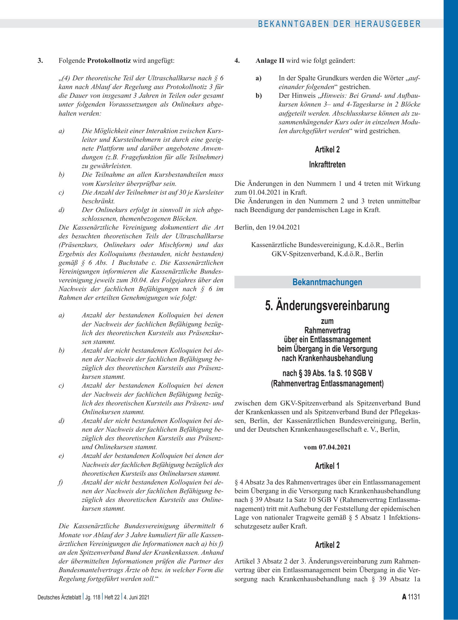 Vorschauseite 1: 5. Änderungsvereinbarung zum Rahmenvertrag über ein Entlassmanagement beim Übergang in die Versorgung nach Krankenhausbehandlung nach § 39 Abs. 1a S. 10 SGB V (Rahmenvertrag Entla…