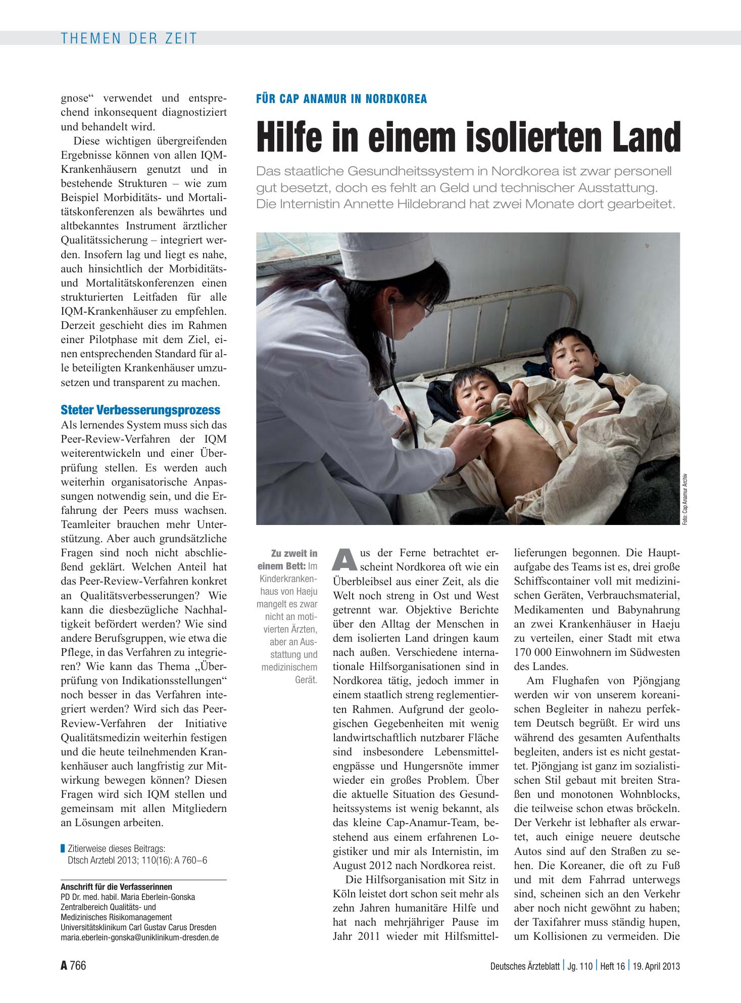 Vorschauseite 1: Für Cap Anamur in Nordkorea: Hilfe in einem isolierten Land – Deutsches Ärzteblatt