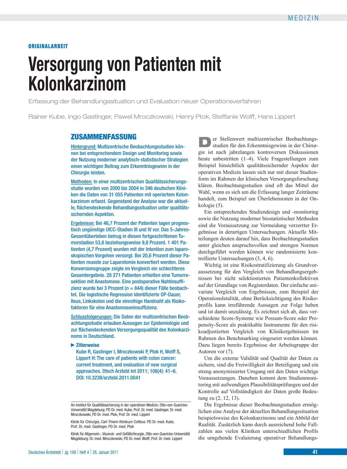 Vorschauseite 1: Versorgung von Patienten mit Kolonkarzinom – Deutsches Ärzteblatt