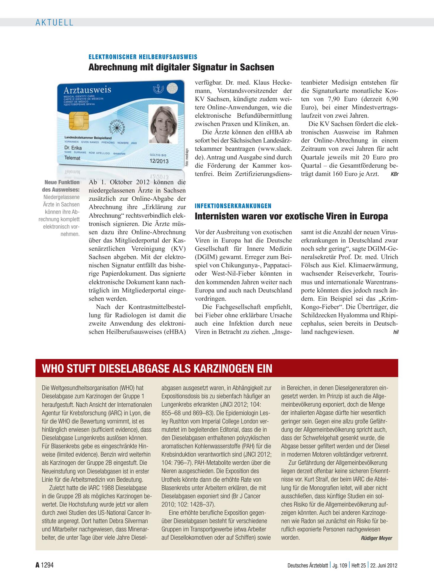 Vorschauseite 1: WHO stuft Dieselabgase als karzinogen ein – Deutsches Ärzteblatt