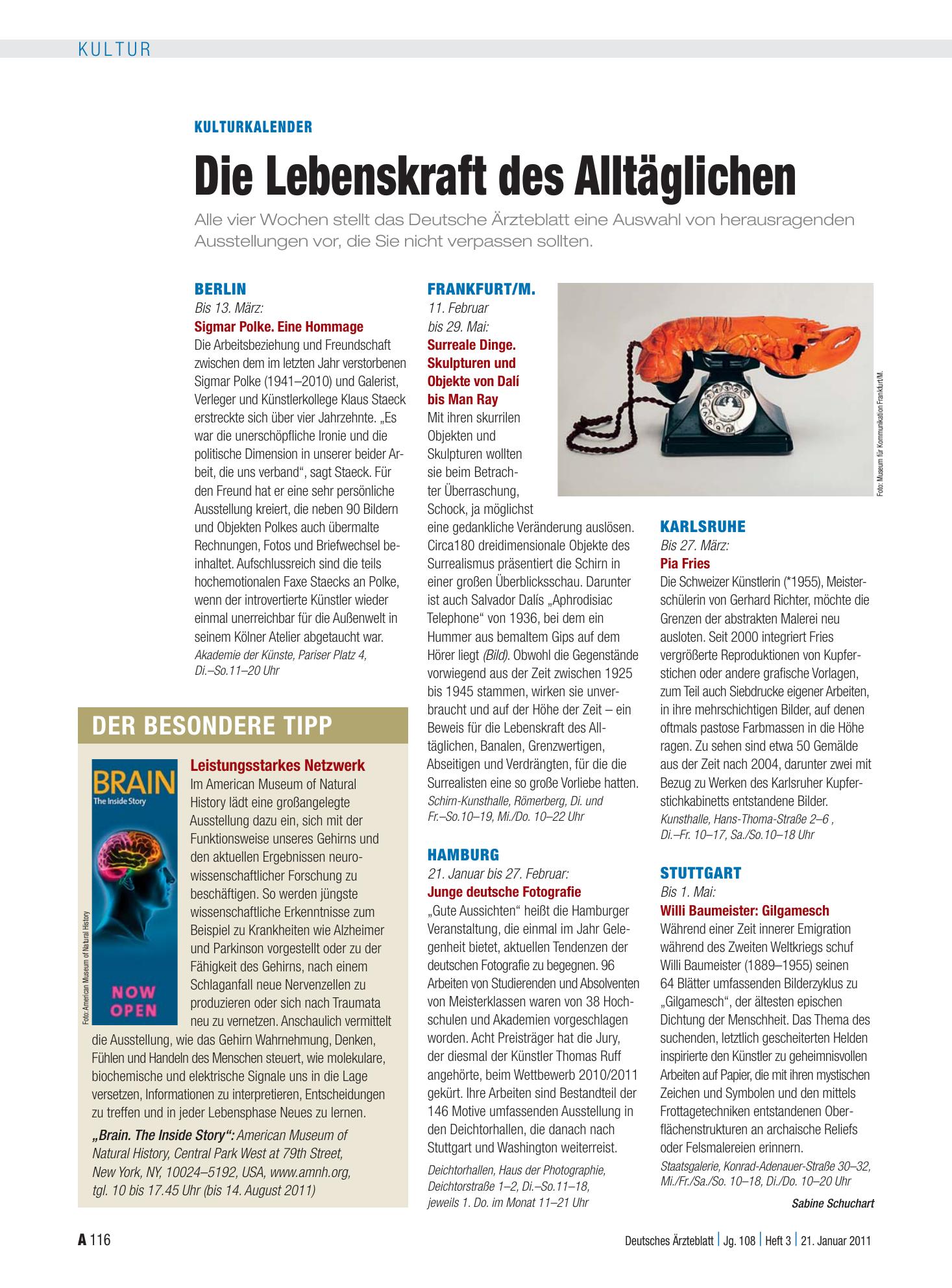 Vorschauseite 1: Kulturkalender: Die Lebenskraft des Alltäglichen – Deutsches Ärzteblatt
