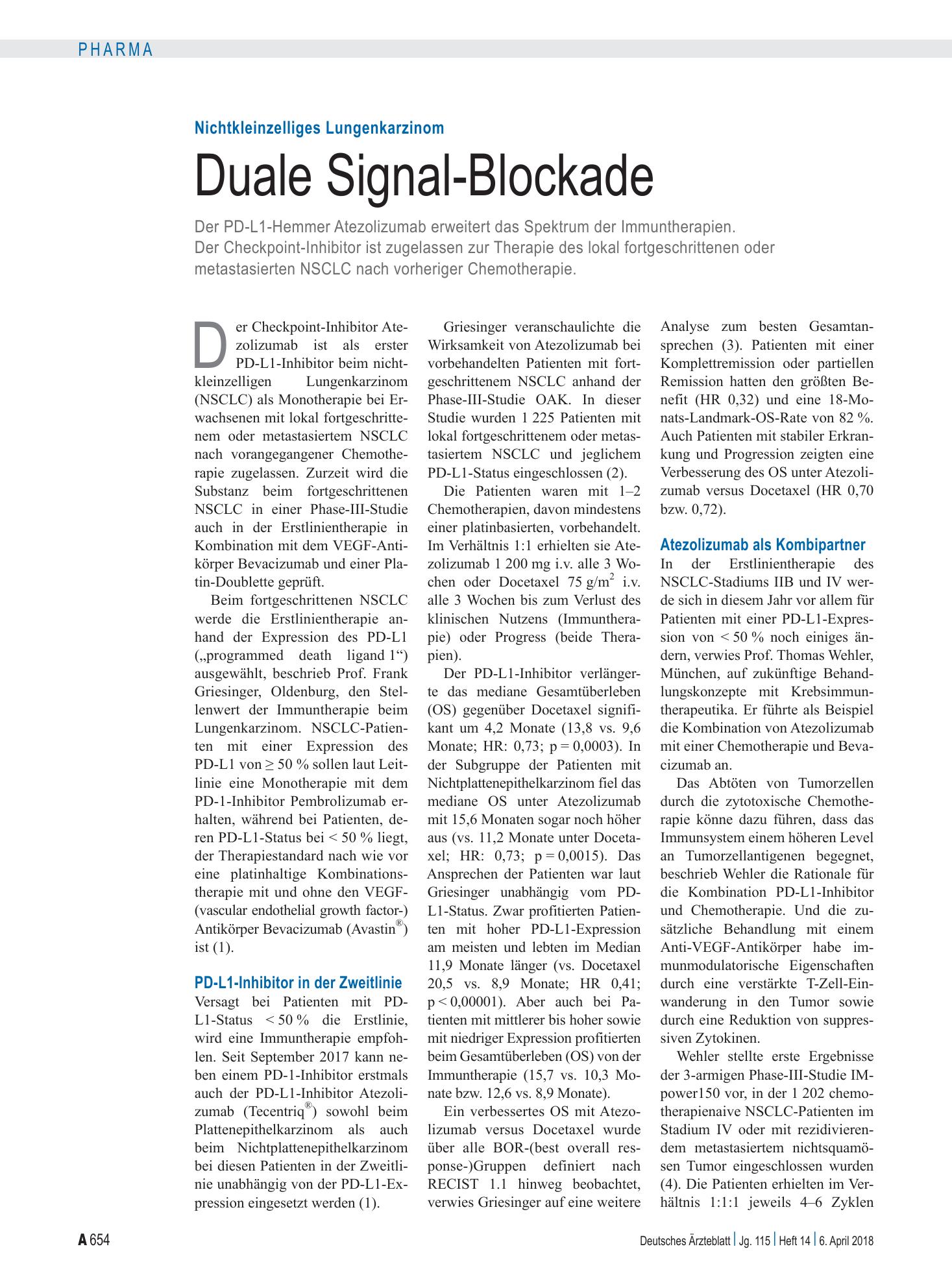 Vorschauseite 1: Nichtkleinzelliges Lungenkarzinom: Duale Signal-Blockade – Deutsches Ärzteblatt