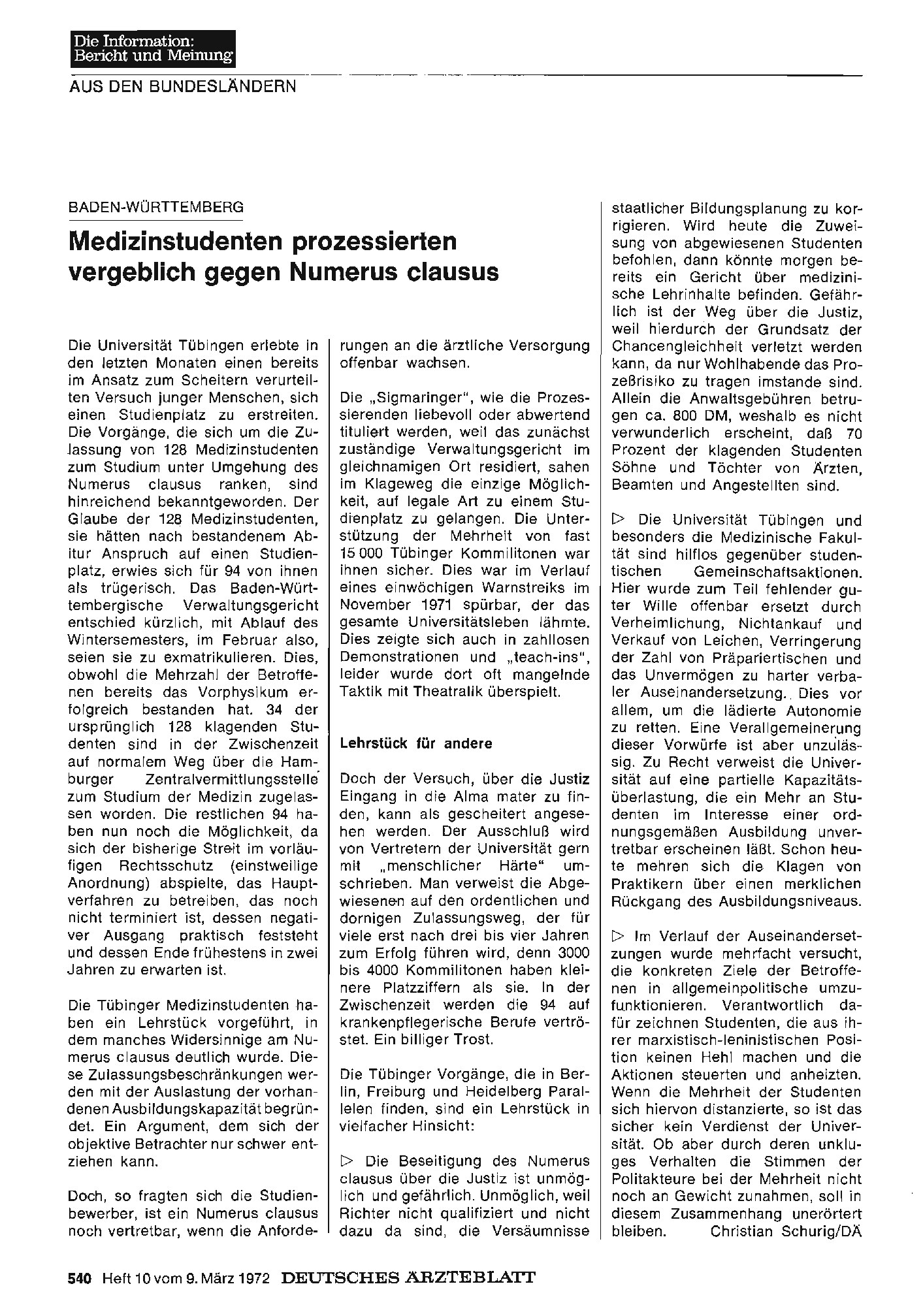 Vorschauseite 1: Baden-Württemberg: Medizinstudenten prozessierten vergeblich gegen Numerus clausus
