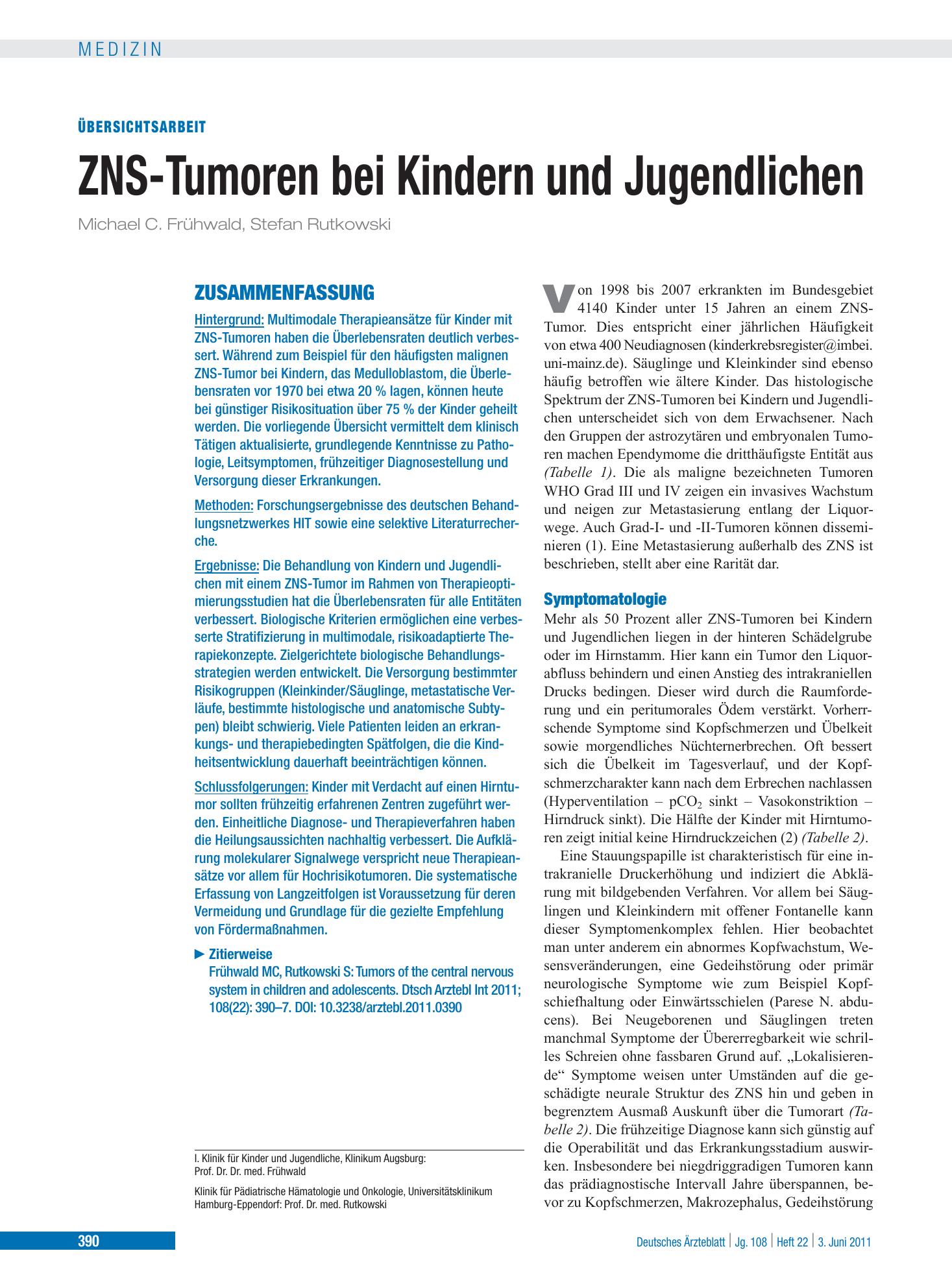 Vorschauseite 1: ZNS-Tumoren bei Kindern und Jugendlichen – Deutsches Ärzteblatt