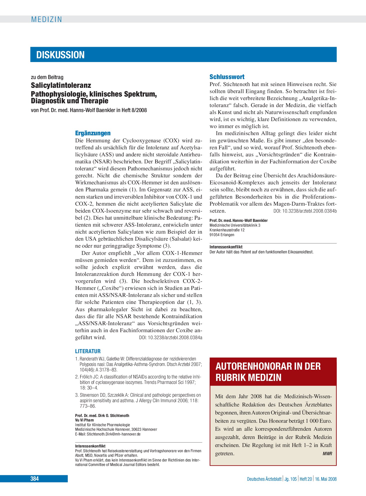 Vorschauseite 1: Salicylatintoleranz Pathophysiologie, klinisches Spektrum, Diagnostik und Therapie: Ergänzungen – Deutsches Ärzteblatt