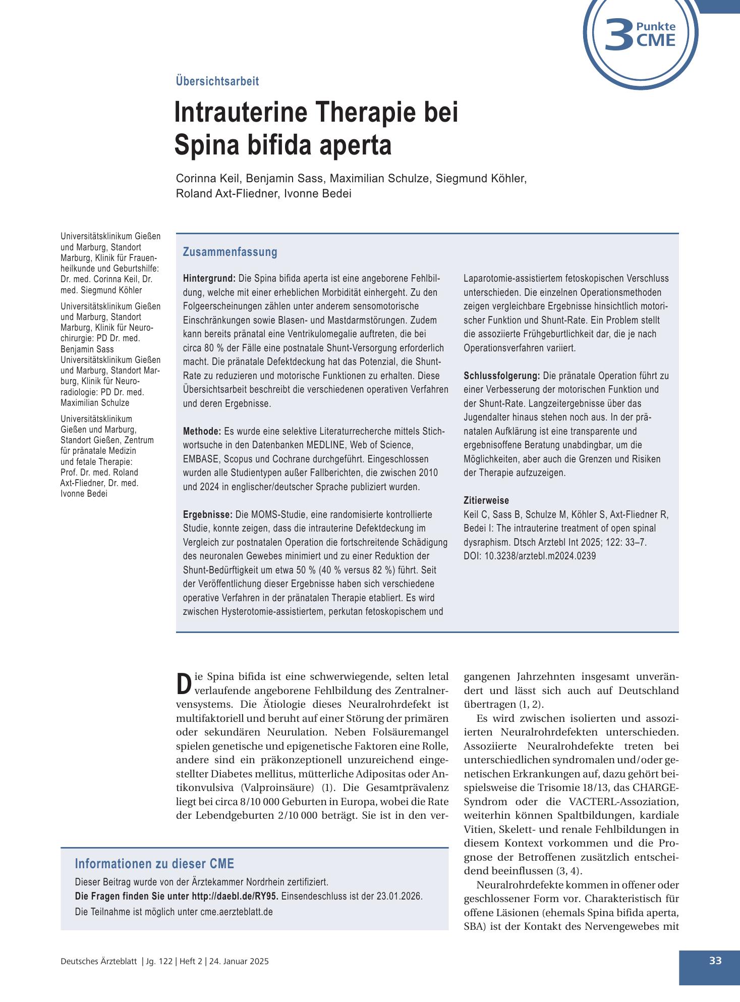 Vorschauseite 1: Intrauterine Therapie bei Spina bifida aperta – Deutsches Ärzteblatt