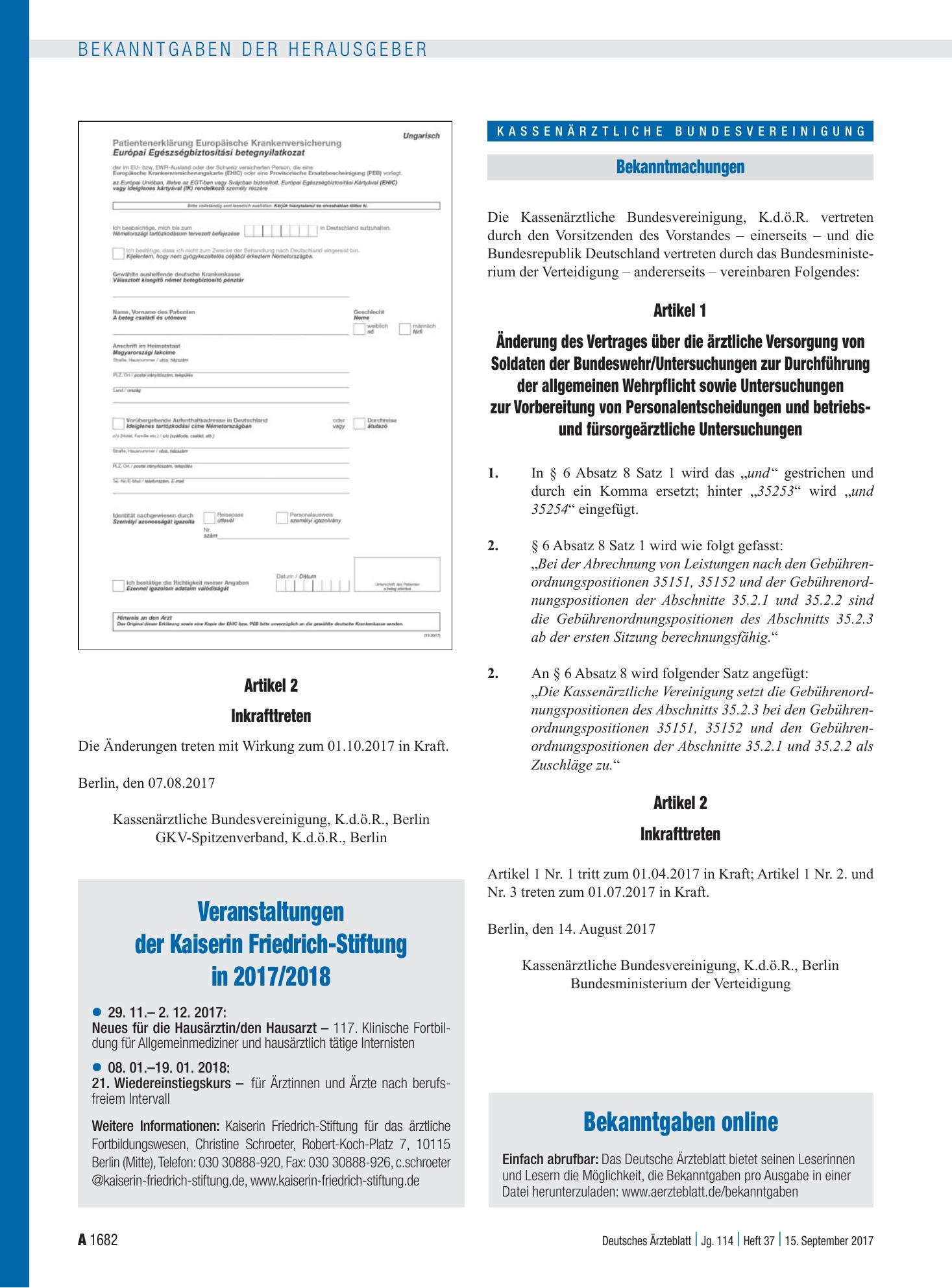 Vorschauseite 1: Bekanntgaben online – Deutsches Ärzteblatt