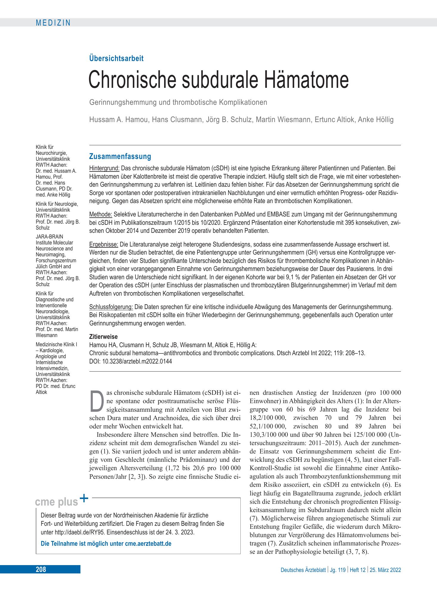 Vorschauseite 1: Chronische subdurale Hämatome – Deutsches Ärzteblatt