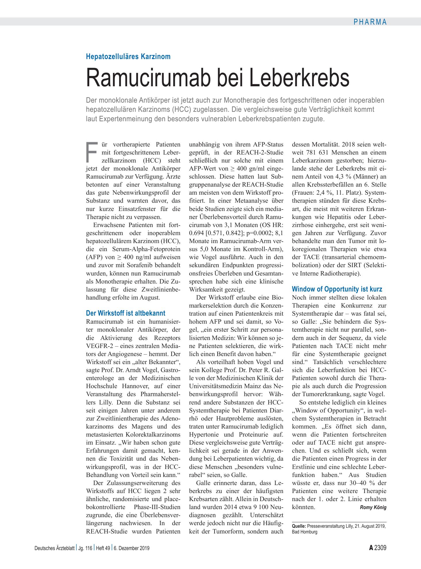 Vorschauseite 1: Hepatozelluläres Karzinom: Ramucirumab bei Leberkrebs – Deutsches Ärzteblatt