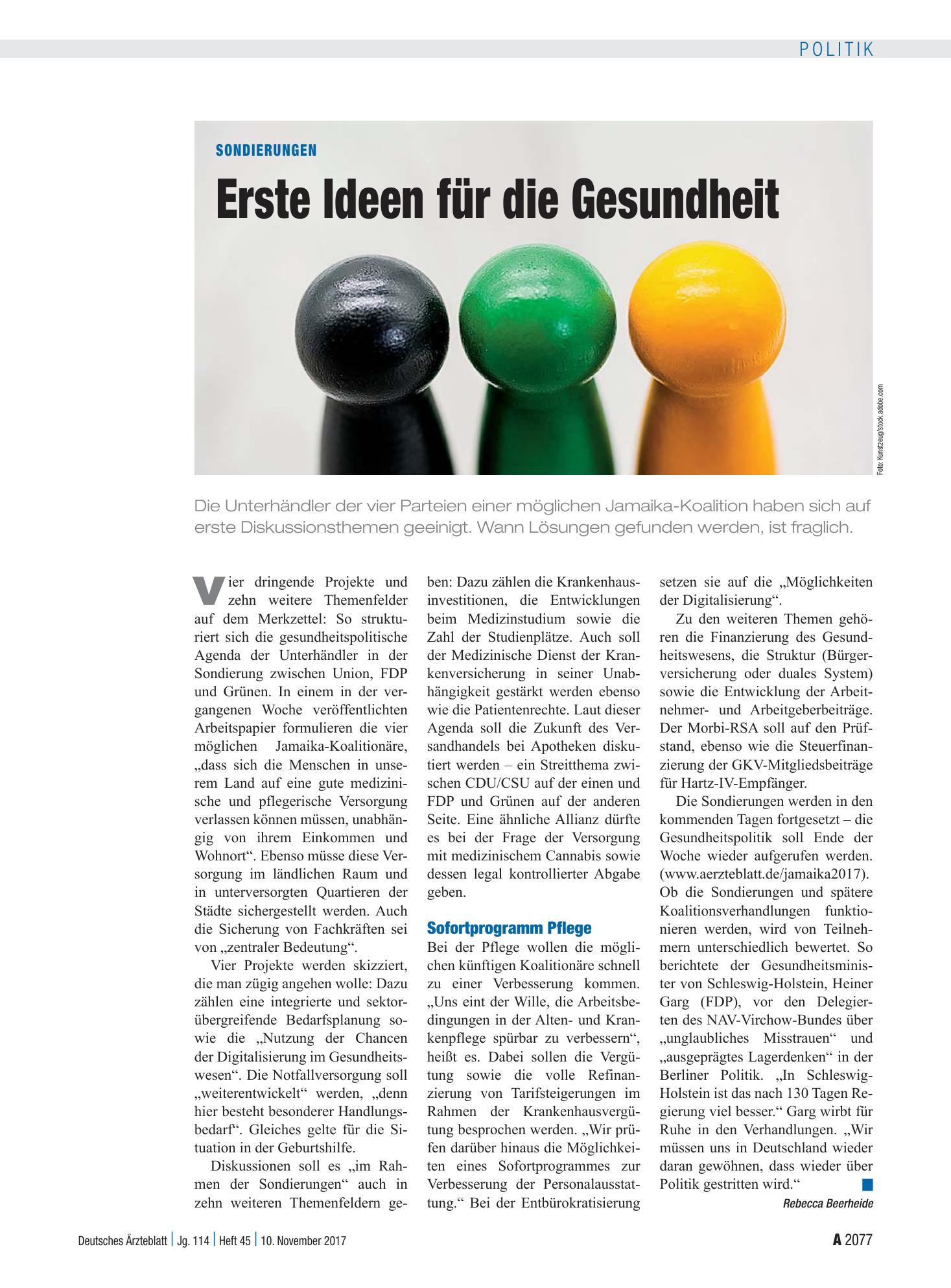 Vorschauseite 1: Sondierungen: Erste Ideen für die Gesundheit – Deutsches Ärzteblatt