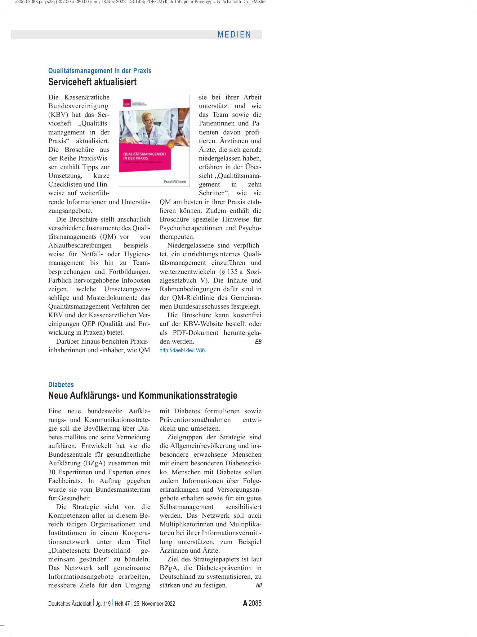 Vorschauseite 1: Qualitätsmanagement in der Praxis: Serviceheft aktualisiert – Deutsches Ärzteblatt