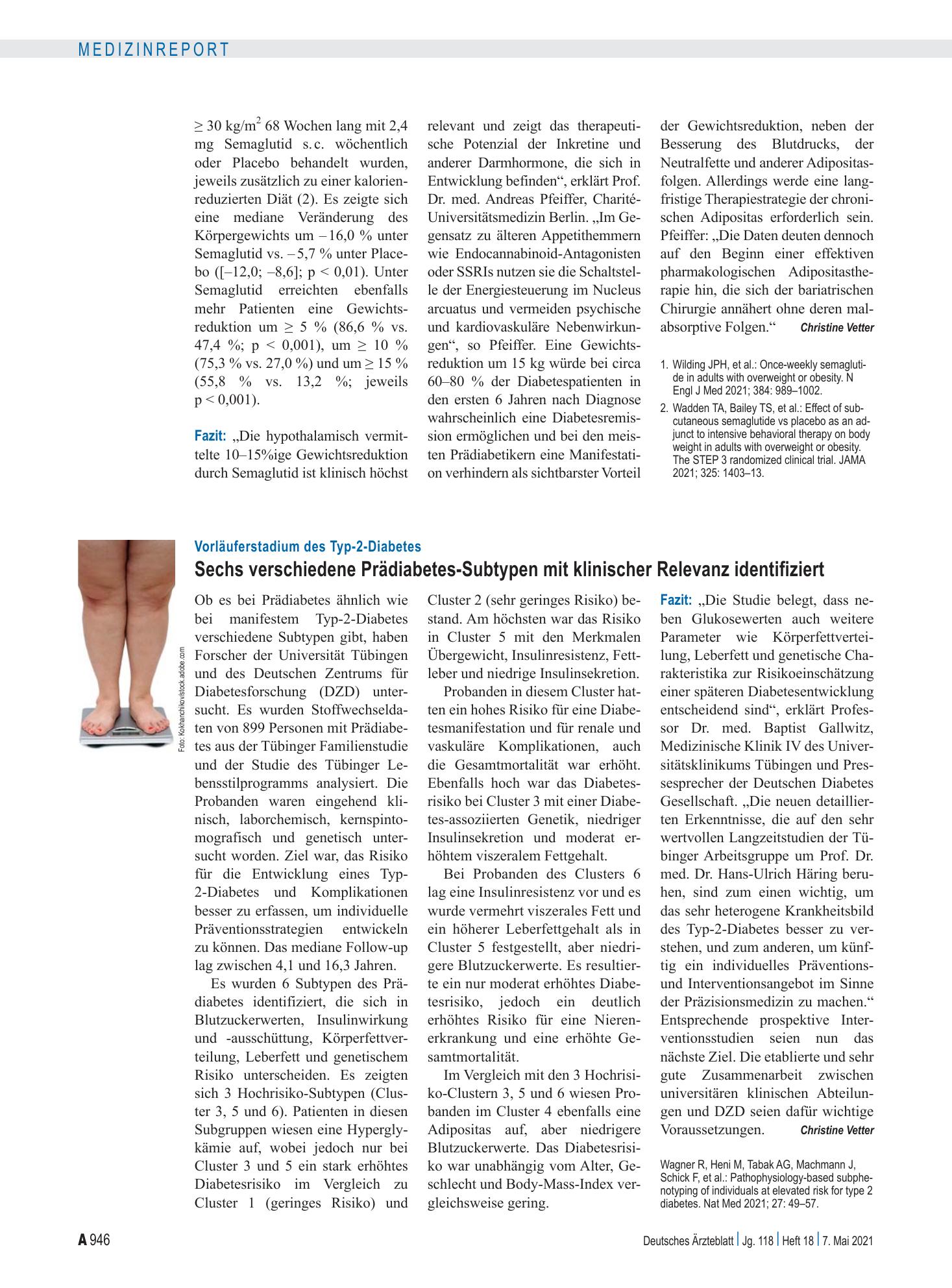 Vorschauseite 1: Vorläuferstadium des Typ-2-Diabetes: Sechs verschiedene Prädiabetes-Subtypen mit klinischer Relevanz identifiziert – Deutsches Ärzteblatt