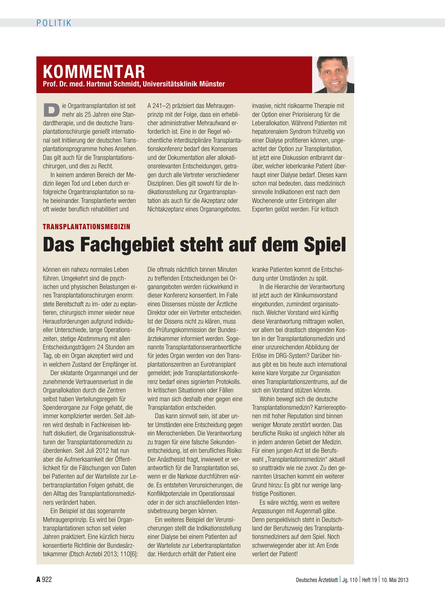 Vorschauseite 1: Transplantationsmedizin: Das Fachgebiet steht auf dem Spiel – Deutsches Ärzteblatt