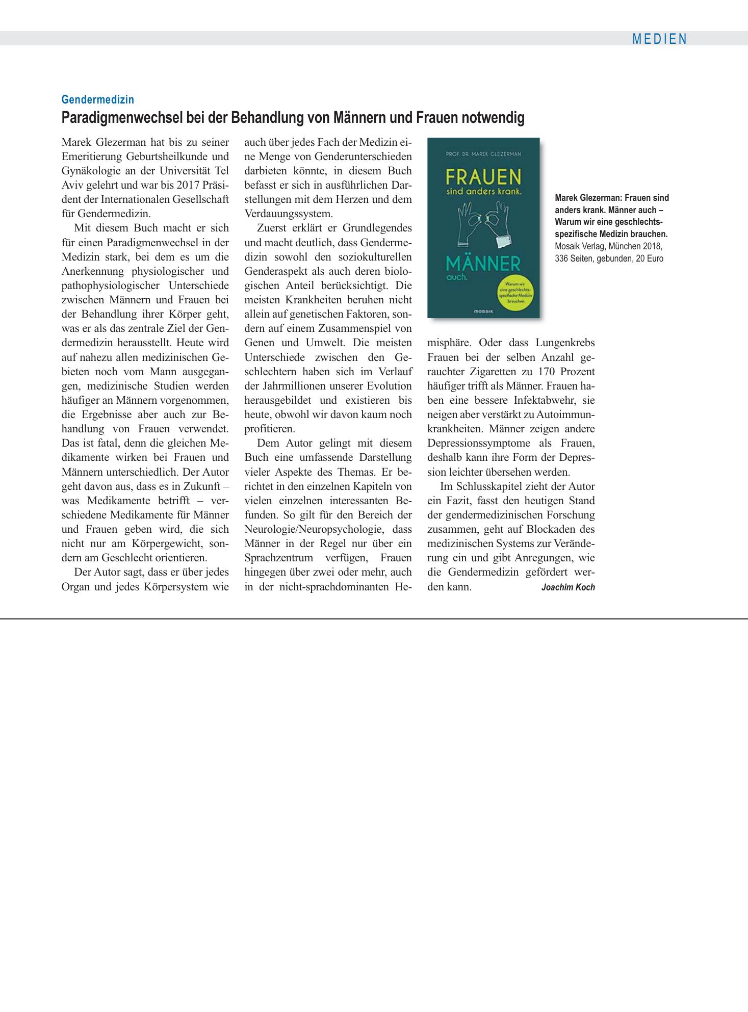 Vorschauseite 1: Gendermedizin: Paradigmenwechsel bei der Behandlung von Männern und Frauen notwendig – Deutsches Ärzteblatt