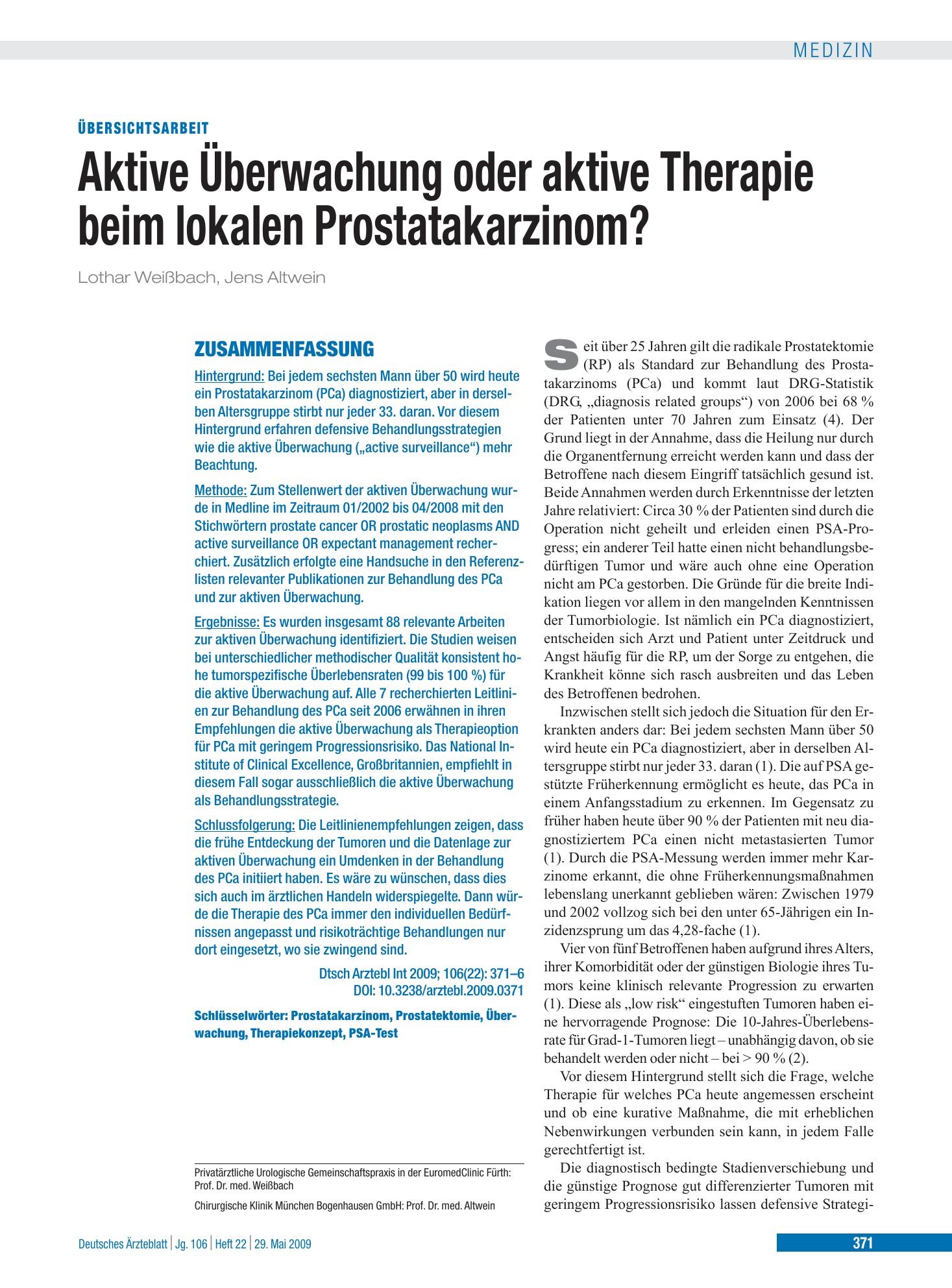 Vorschauseite 1: Aktive Überwachung oder aktive Therapie beim lokalen Prostatakarzinom? – Deutsches Ärzteblatt
