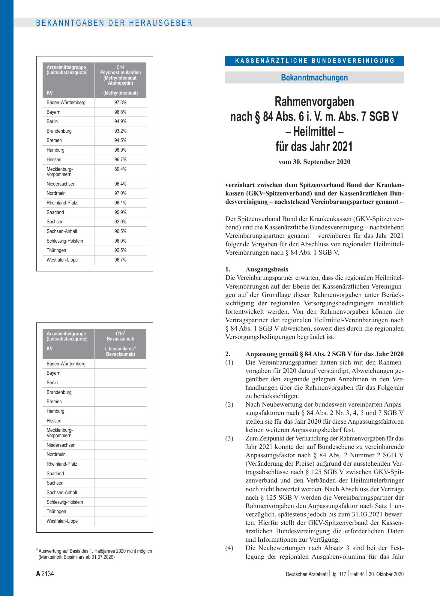 Vorschauseite 1: Rahmenvorgaben nach § 84 Abs. 6 i. V. m. Abs. 7 SGB V – Heilmittel – für das Jahr 2021 – Deutsches Ärzteblatt