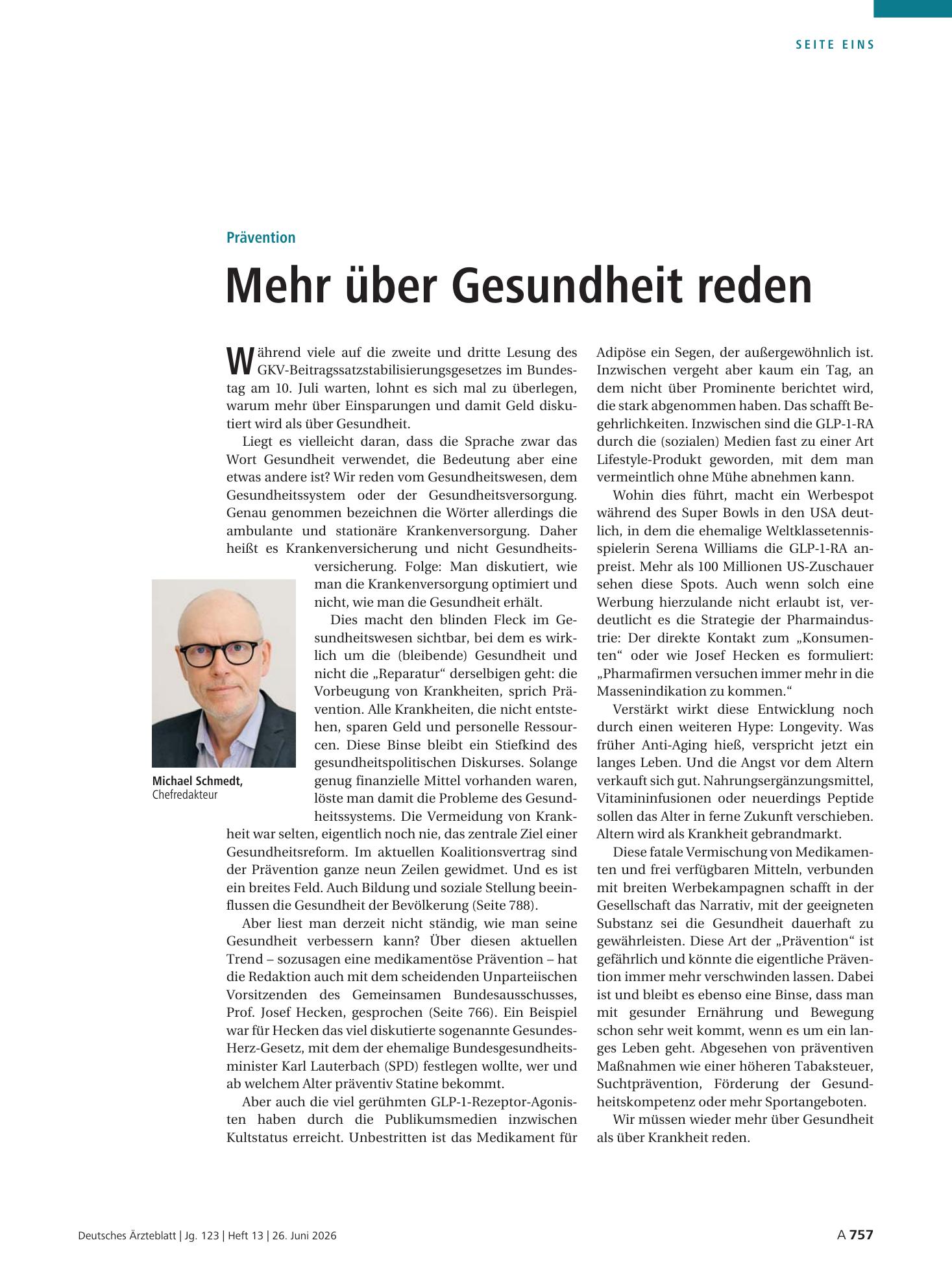 Vorschauseite 1: Prävention: Mehr über Gesundheit reden – Deutsches Ärzteblatt