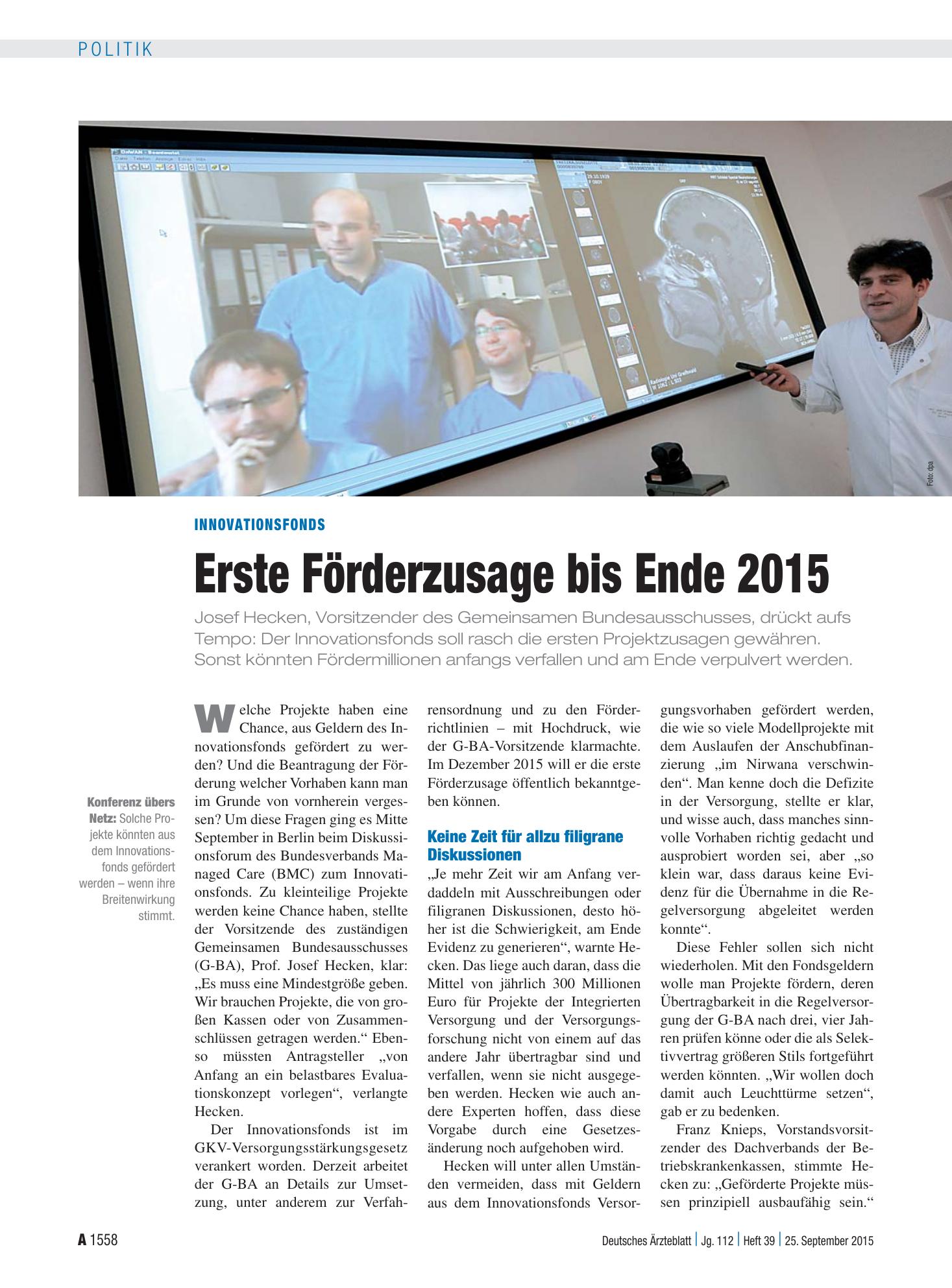 Vorschauseite 1: Innovationsfonds: Erste Förderzusage bis Ende 2015 – Deutsches Ärzteblatt
