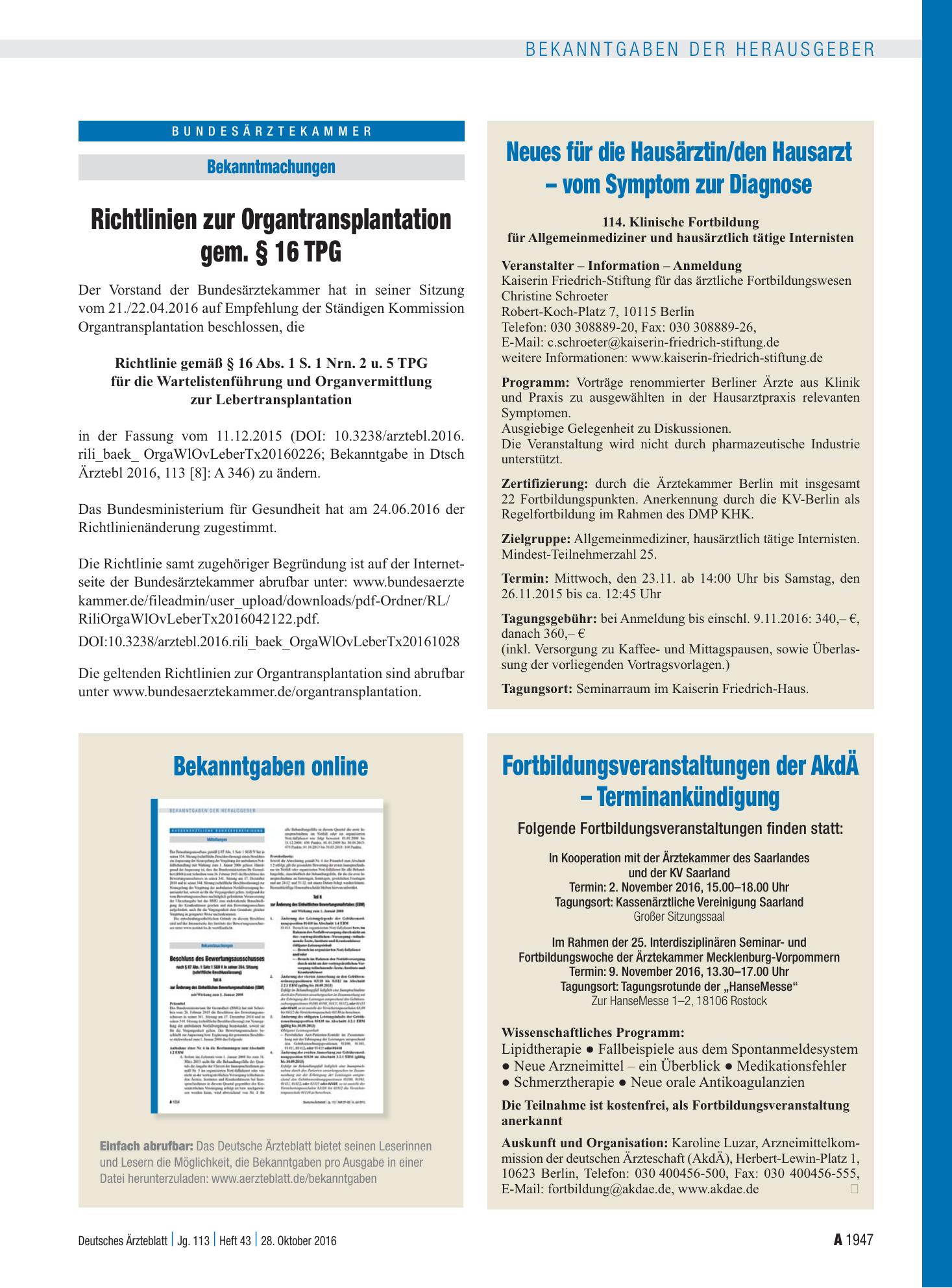 Vorschauseite 1: Bekanntgaben online – Deutsches Ärzteblatt