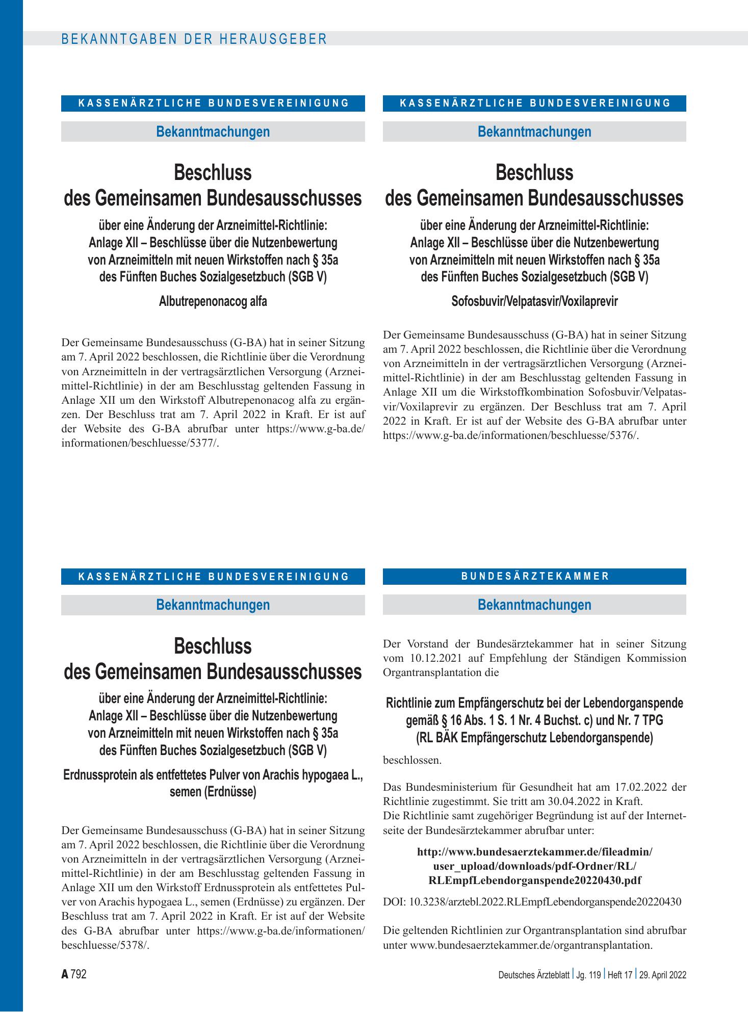 Vorschauseite 1: Richtlinie zum Empfängerschutz bei der Lebendorganspende gemäß § 16 Abs. 1 S. 1 Nr. 4 Buchst. c) und Nr. 7 TPG (RL BÄK Empfängerschutz Lebendorganspende) – Deutsches Ärzteblatt