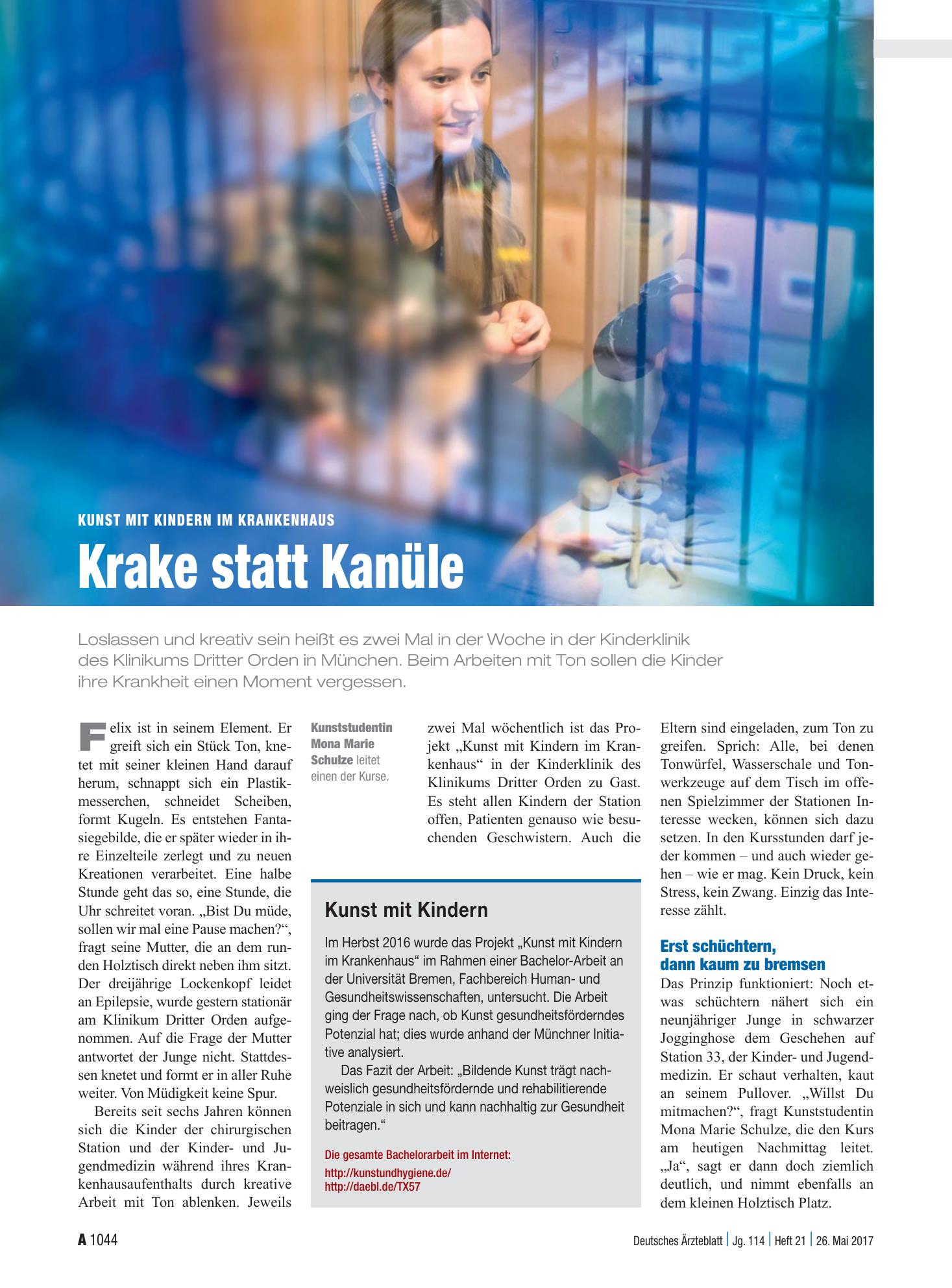Vorschauseite 1: Kunst mit Kindern im Krankenhaus: Krake statt Kanüle – Deutsches Ärzteblatt