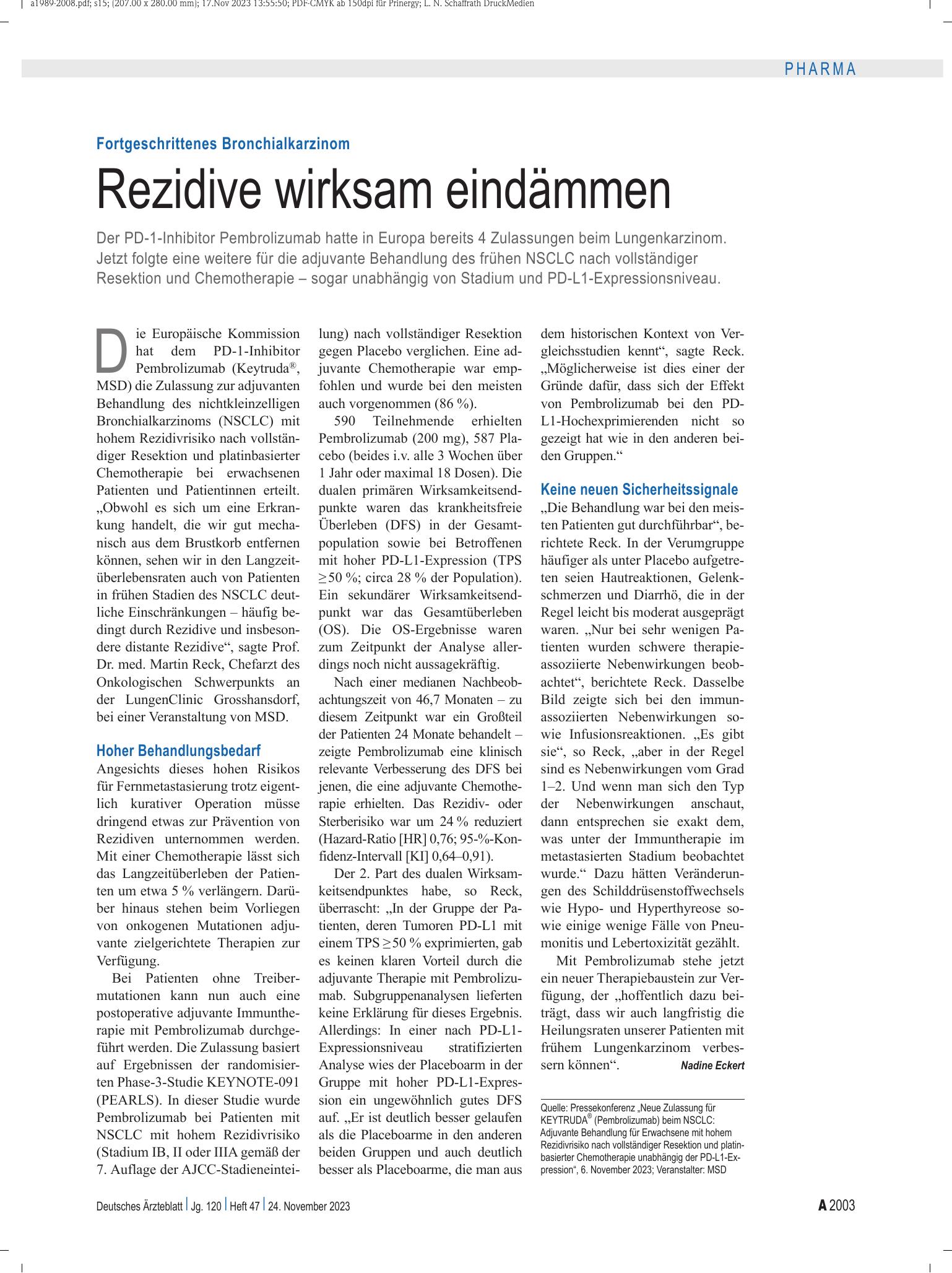 Vorschauseite 1: Fortgeschrittenes Bronchialkarzinom: Rezidive wirksam eindämmen – Deutsches Ärzteblatt