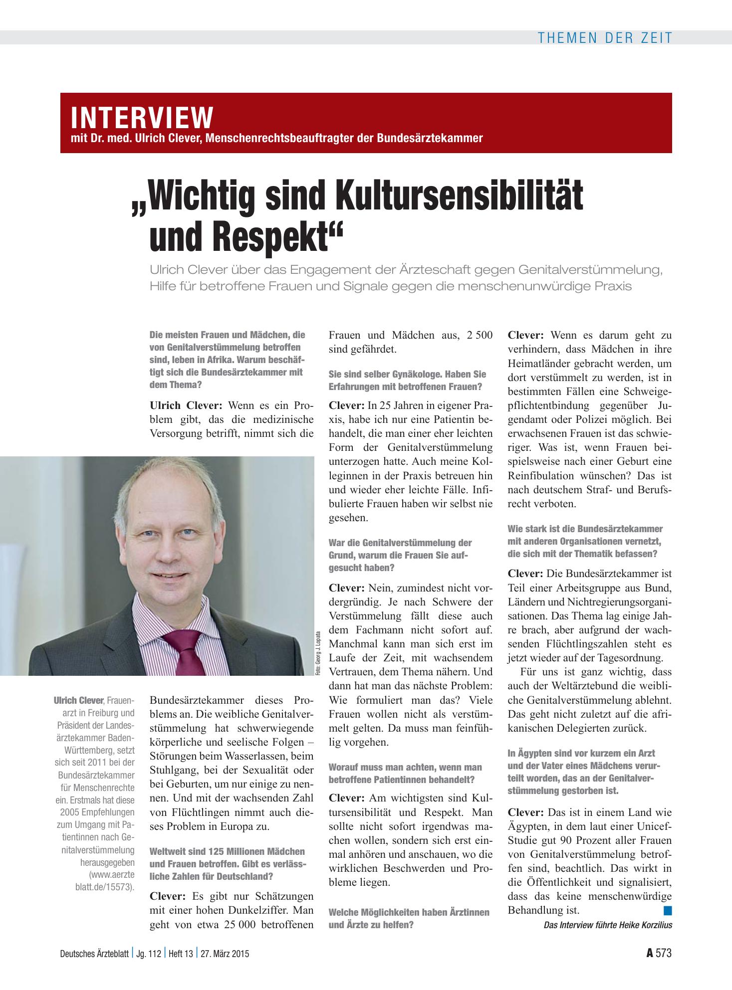 Vorschauseite 1: Interview mit Dr. med. Ulrich Clever, Menschenrechtsbeauftragter der Bundesärztekammer: „Wichtig sind Kultursensibilität und Respekt“ – Deutsches Ärzteblatt