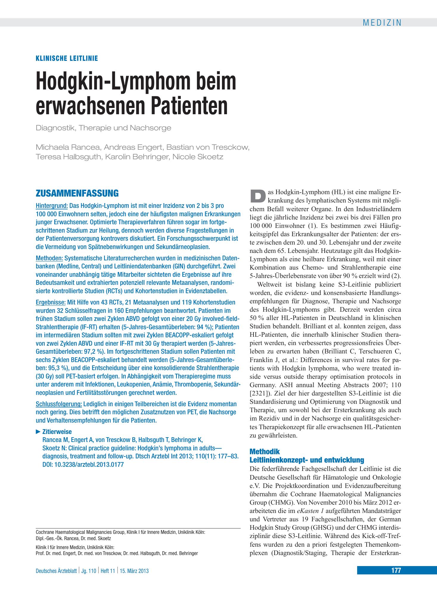Vorschauseite 1: Hodgkin-Lymphom beim erwachsenen Patienten – Deutsches Ärzteblatt