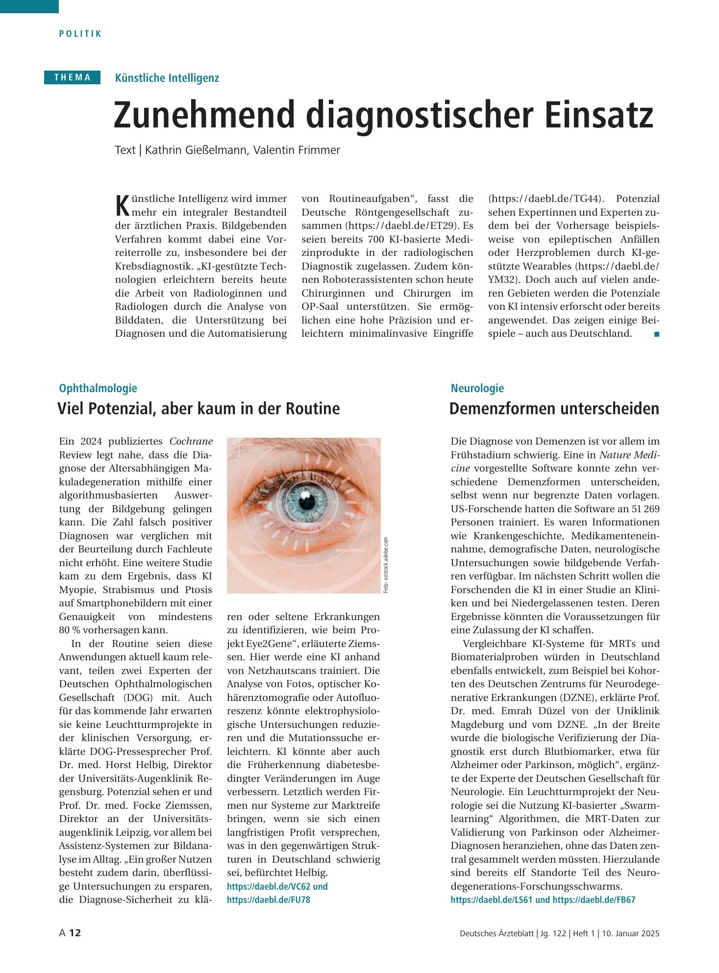 Vorschauseite 1: Künstliche Intelligenz: Zunehmend diagnostischer Einsatz – Deutsches Ärzteblatt