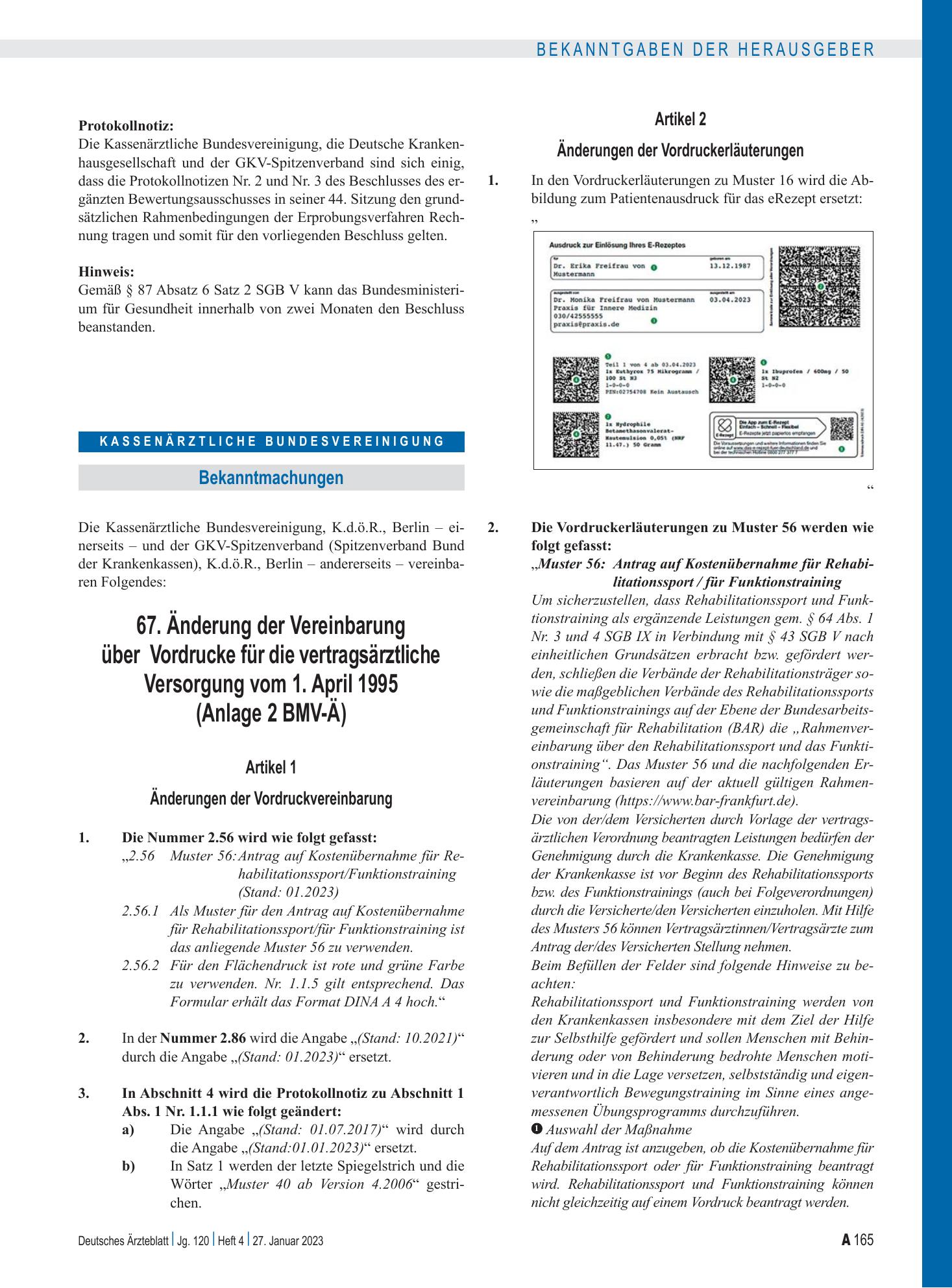 Vorschauseite 1: 67. Änderung der Vereinbarung über Vordrucke für die vertragsärztliche Versorgung vom 1. April 1995 (Anlage 2 BMV-Ä) – Deutsches Ärzteblatt