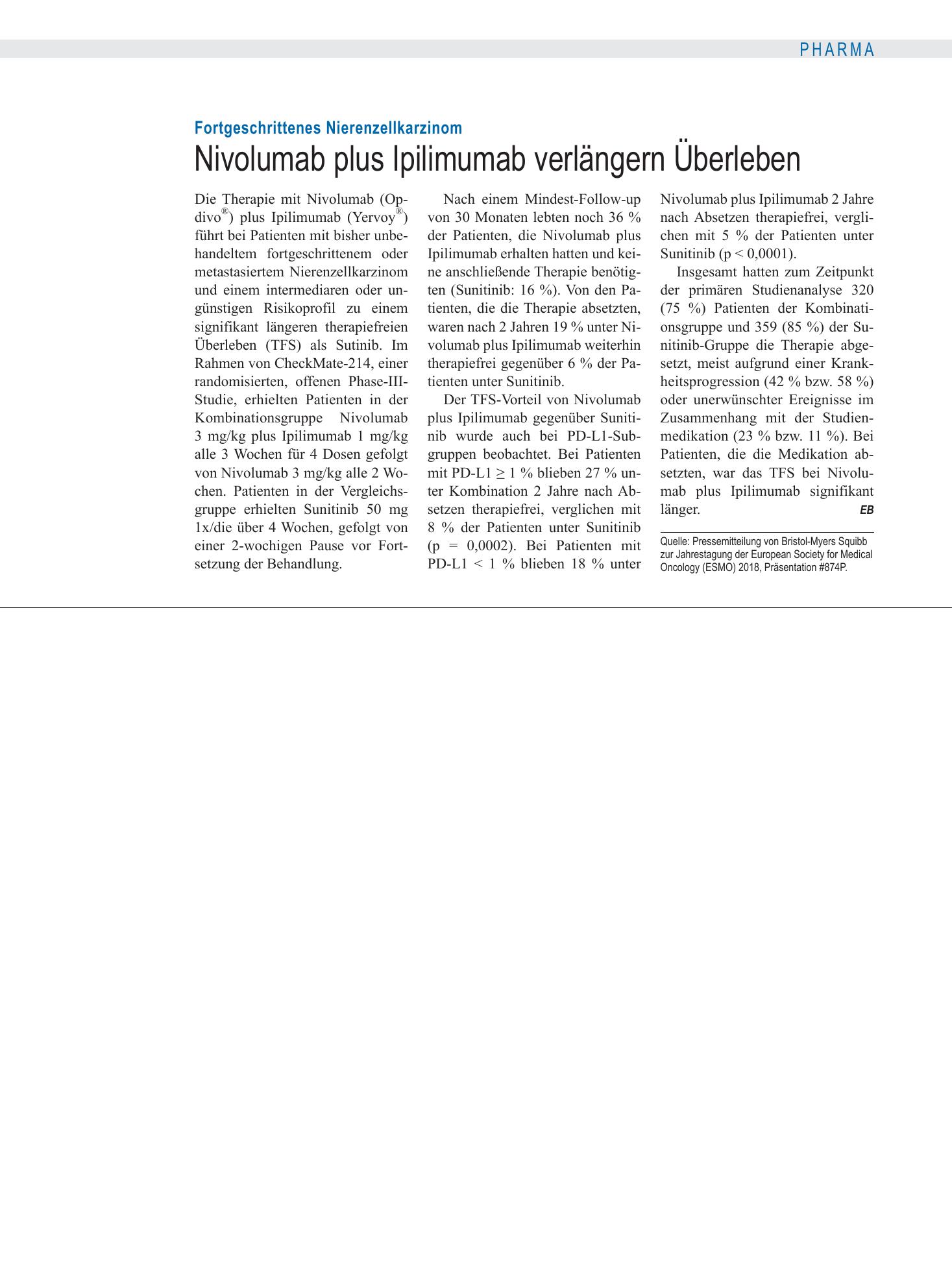 Vorschauseite 1: Fortgeschrittenes Nierenzellkarzinom: Nivolumab plus Ipilimumab verlängern Überleben – Deutsches Ärzteblatt
